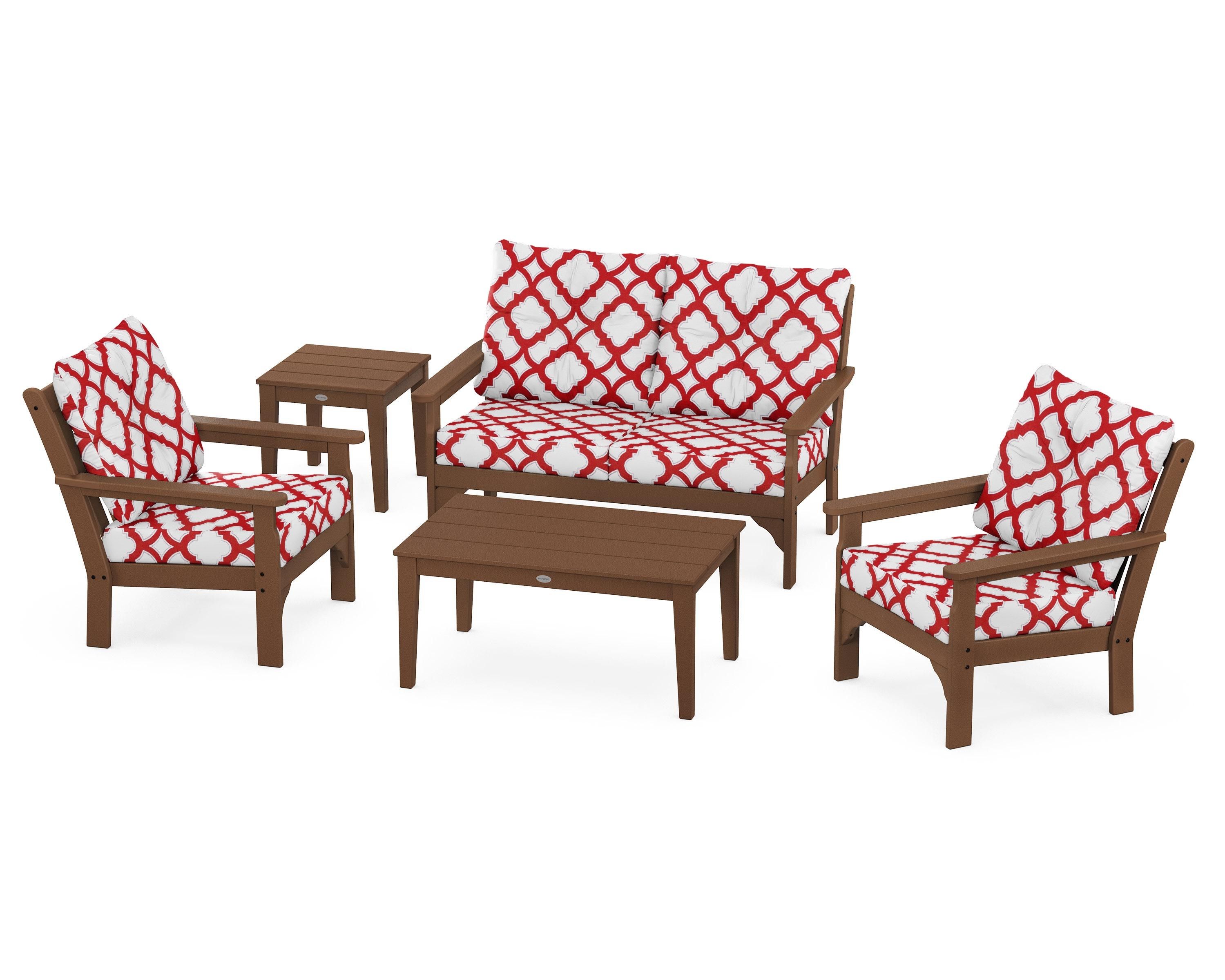 POLYWOOD® Vineyard 5-Piece Deep Seating Set in Teak / Trellis Crimson