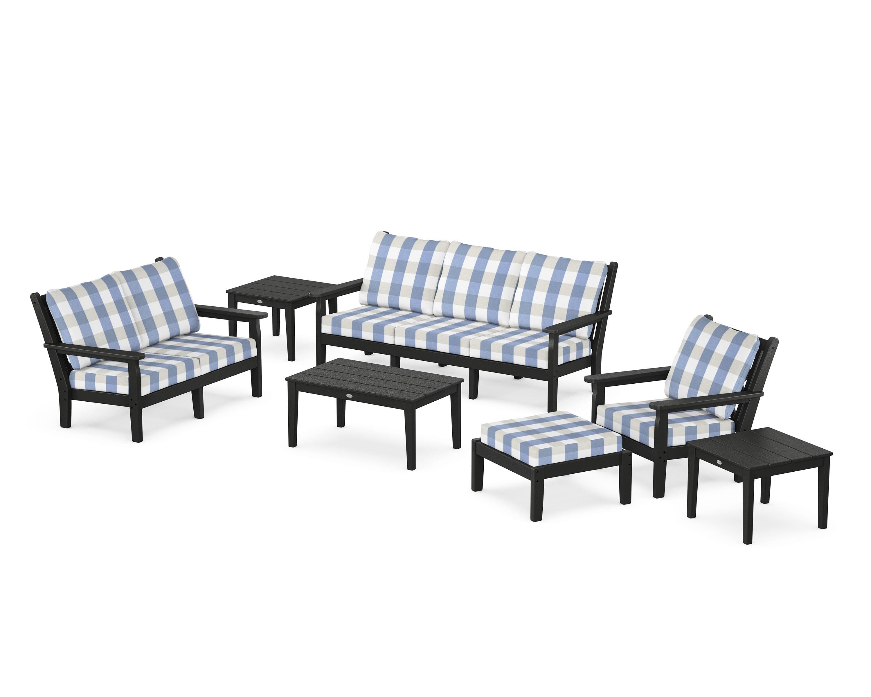 POLYWOOD® Chippendale 7-Piece Deep Seating Set in Black / Buffalo Plaid Sky Blue