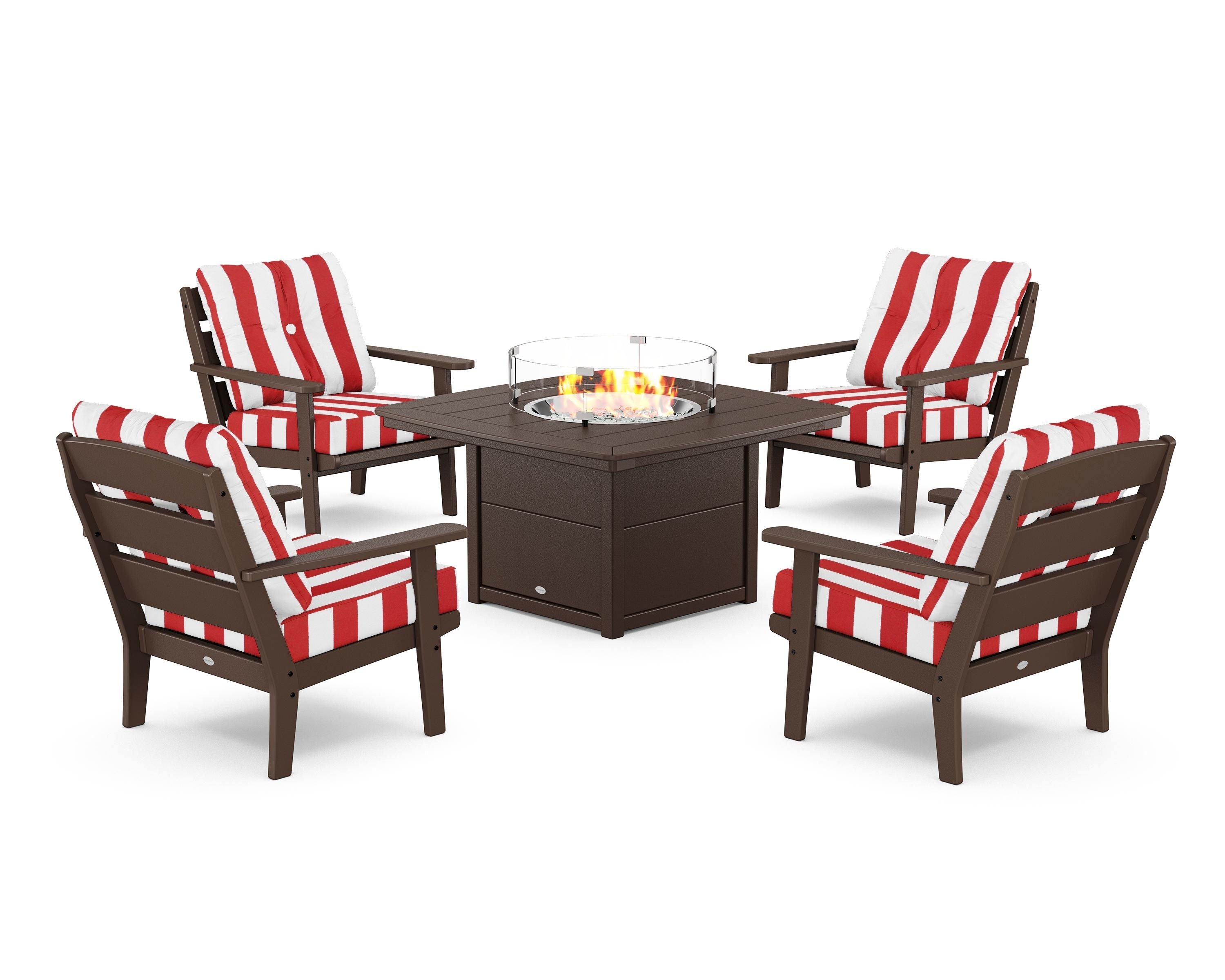 POLYWOOD® Lakeside 5-Piece Deep Seating Set with Nautical Fire Pit Table in Mahogany / Cabana Stripe Crimson