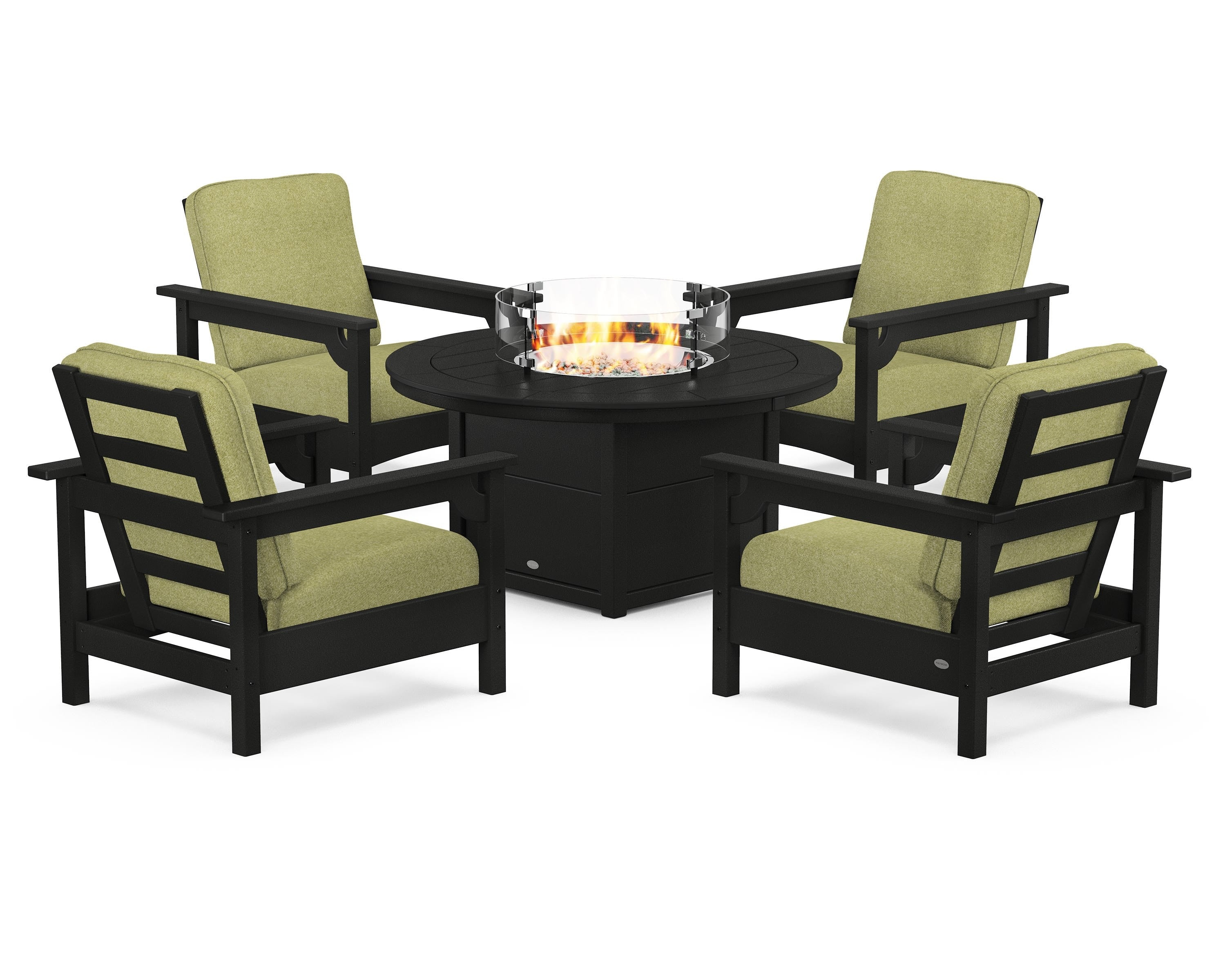 POLYWOOD® Club 5-Piece Conversation Set with Fire Pit Table in Black / Chartreuse Boucle