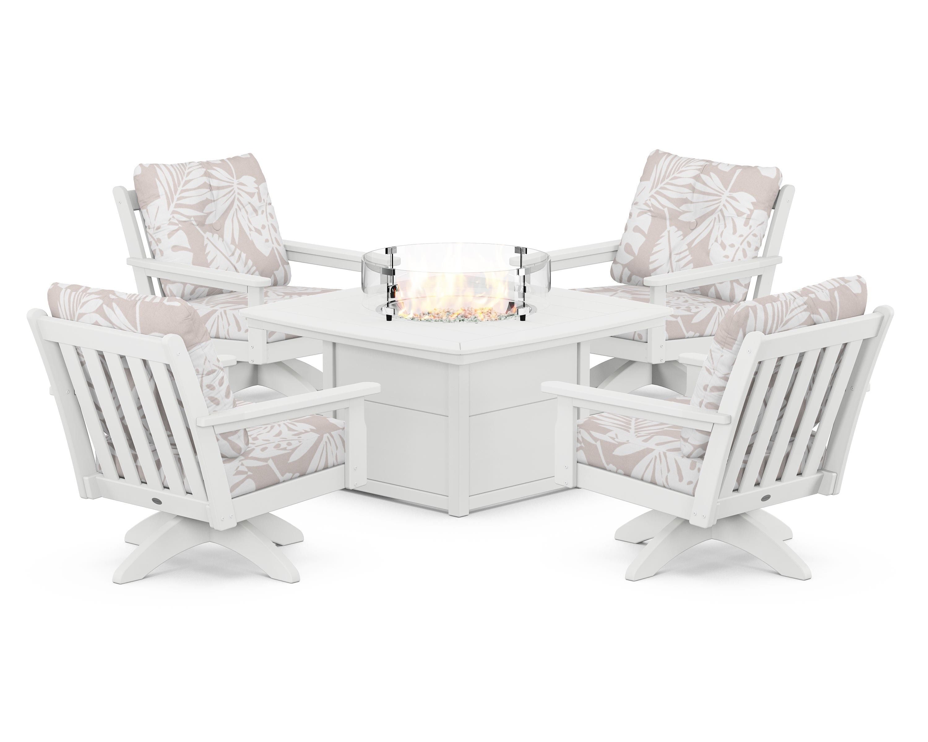 POLYWOOD® Vineyard 5-Piece Deep Seating Swivel Conversation Set with Fire Pit Table in White / Leaf Dune Burlap