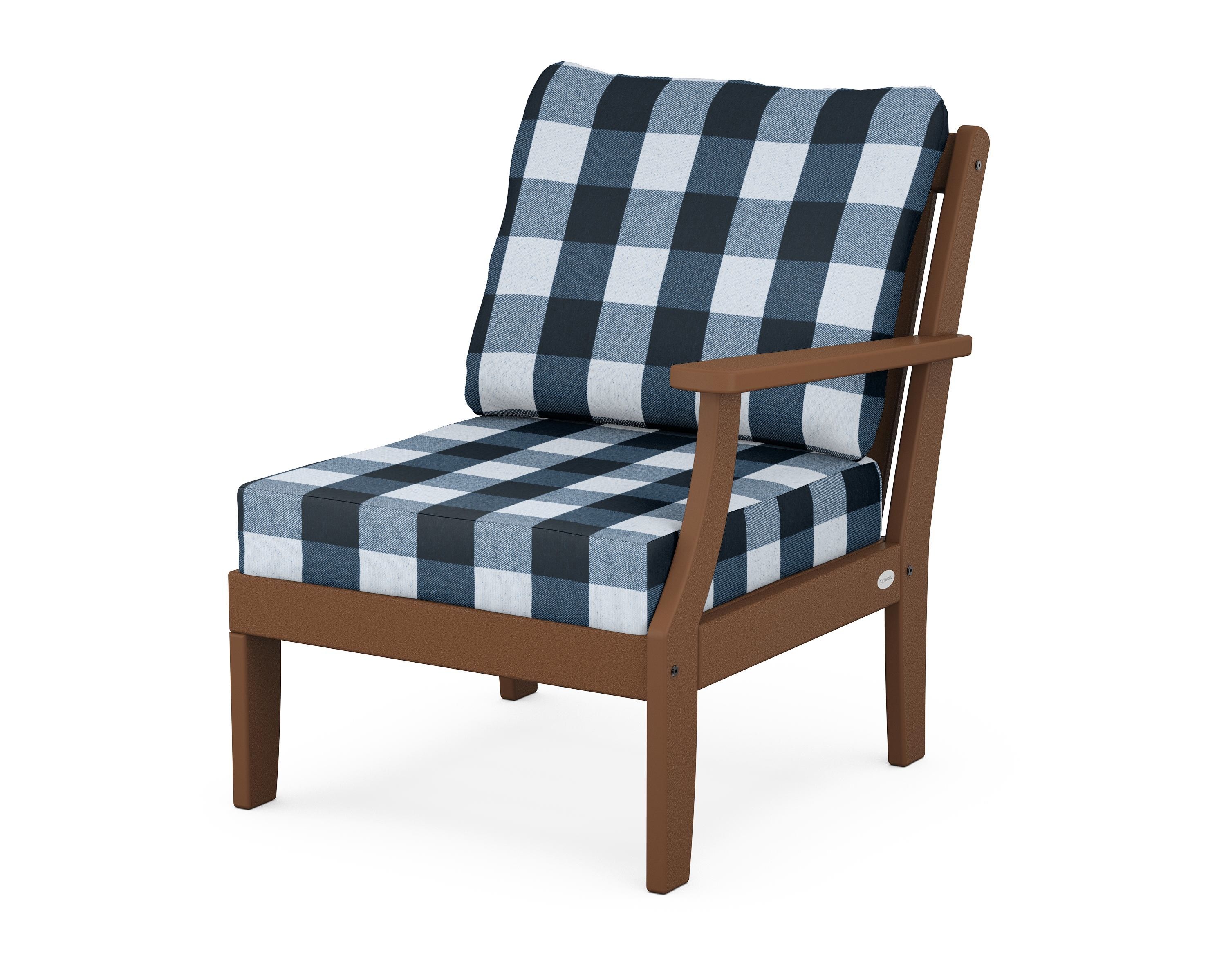 POLYWOOD® Braxton Modular Right Arm Chair in Teak / Buffalo Plaid Marine Indigo