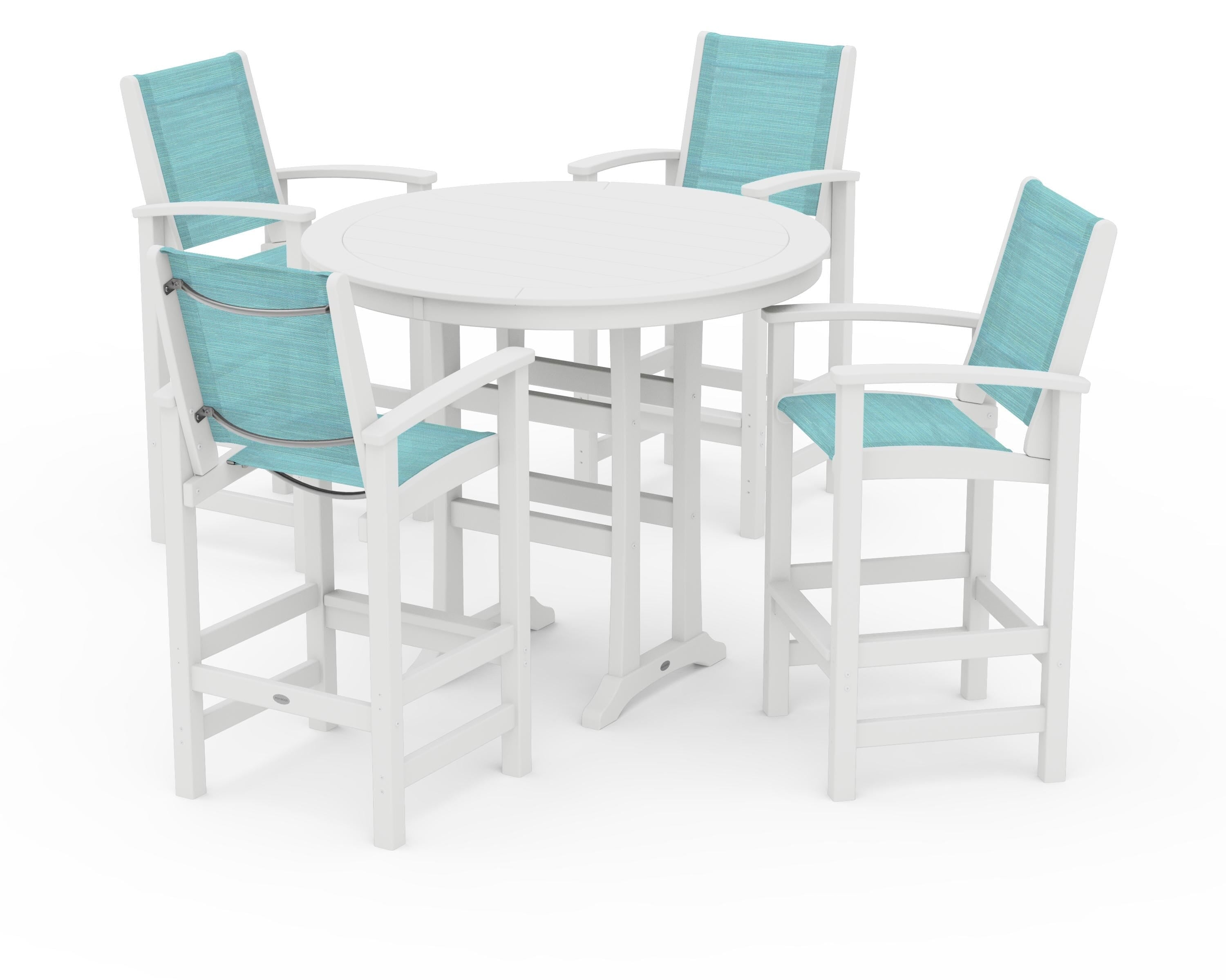 POLYWOOD® Coastal 5-Piece Nautical Trestle Bar Set in White / Dupioni Aquamarine Sling