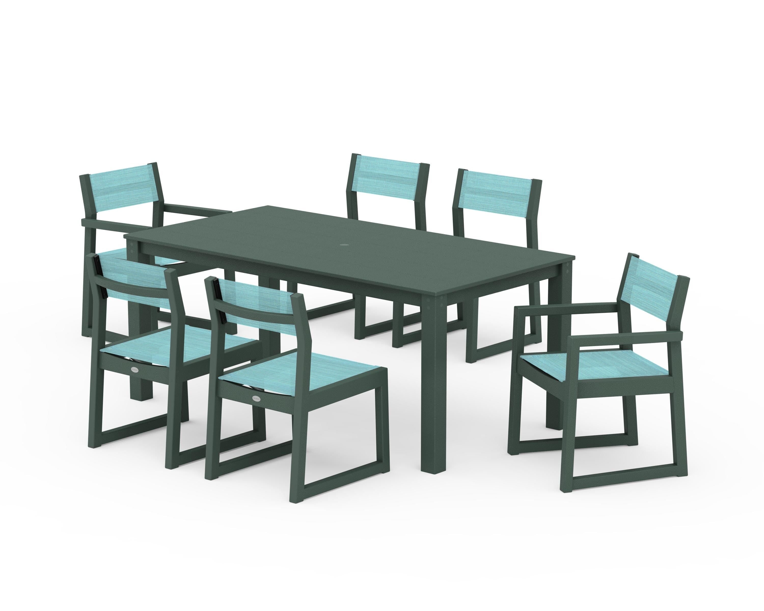 POLYWOOD® EDGE Sling 7-Piece Parsons Dining Set in Green / Dupioni Aquamarine Sling