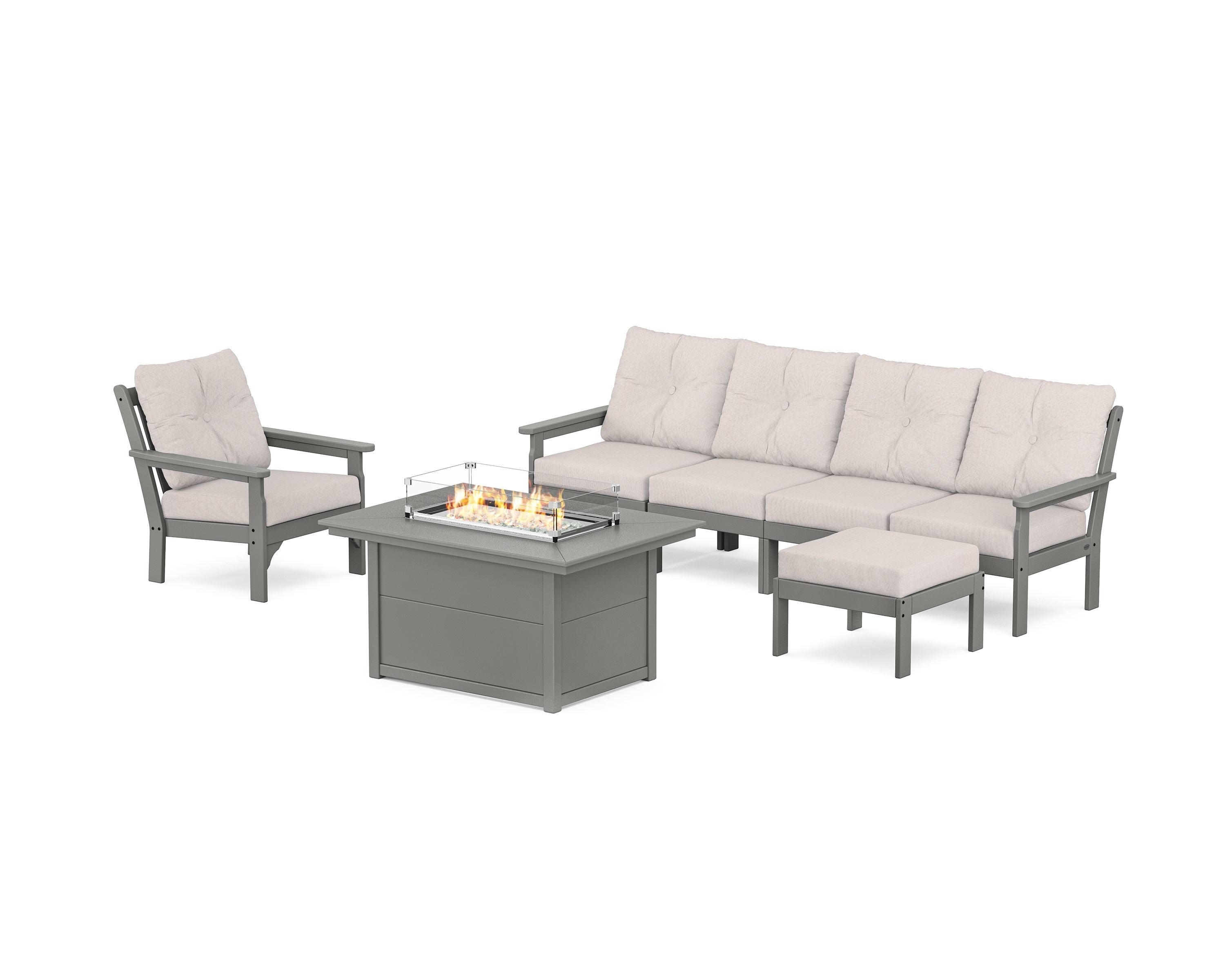 POLYWOOD® Vineyard Sectional Lounge and Fire Pit Set in Slate Grey / Dune Burlap