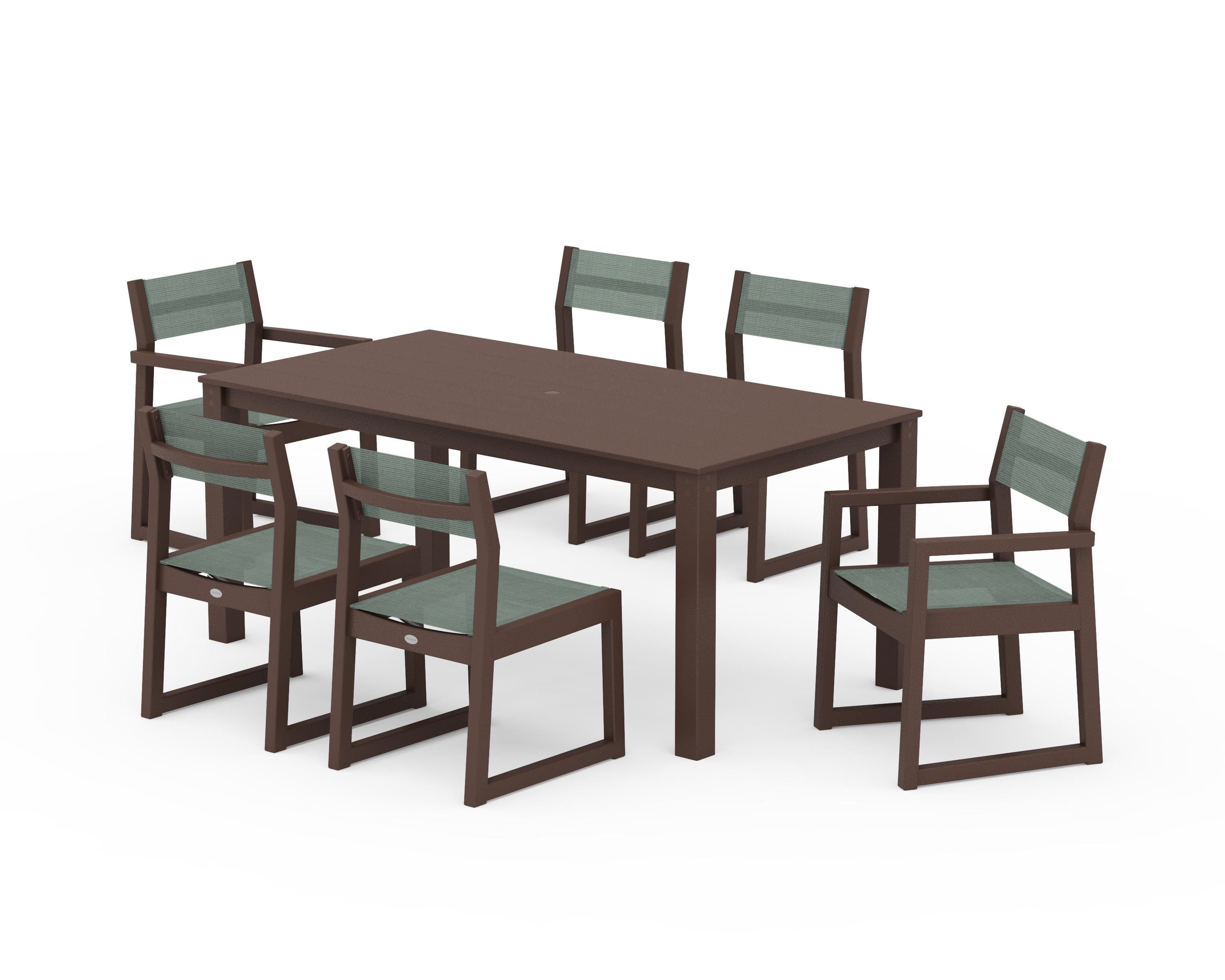 POLYWOOD® EDGE Sling 7-Piece Parsons Dining Set in Mahogany / Dupioni Sea Mist Sling