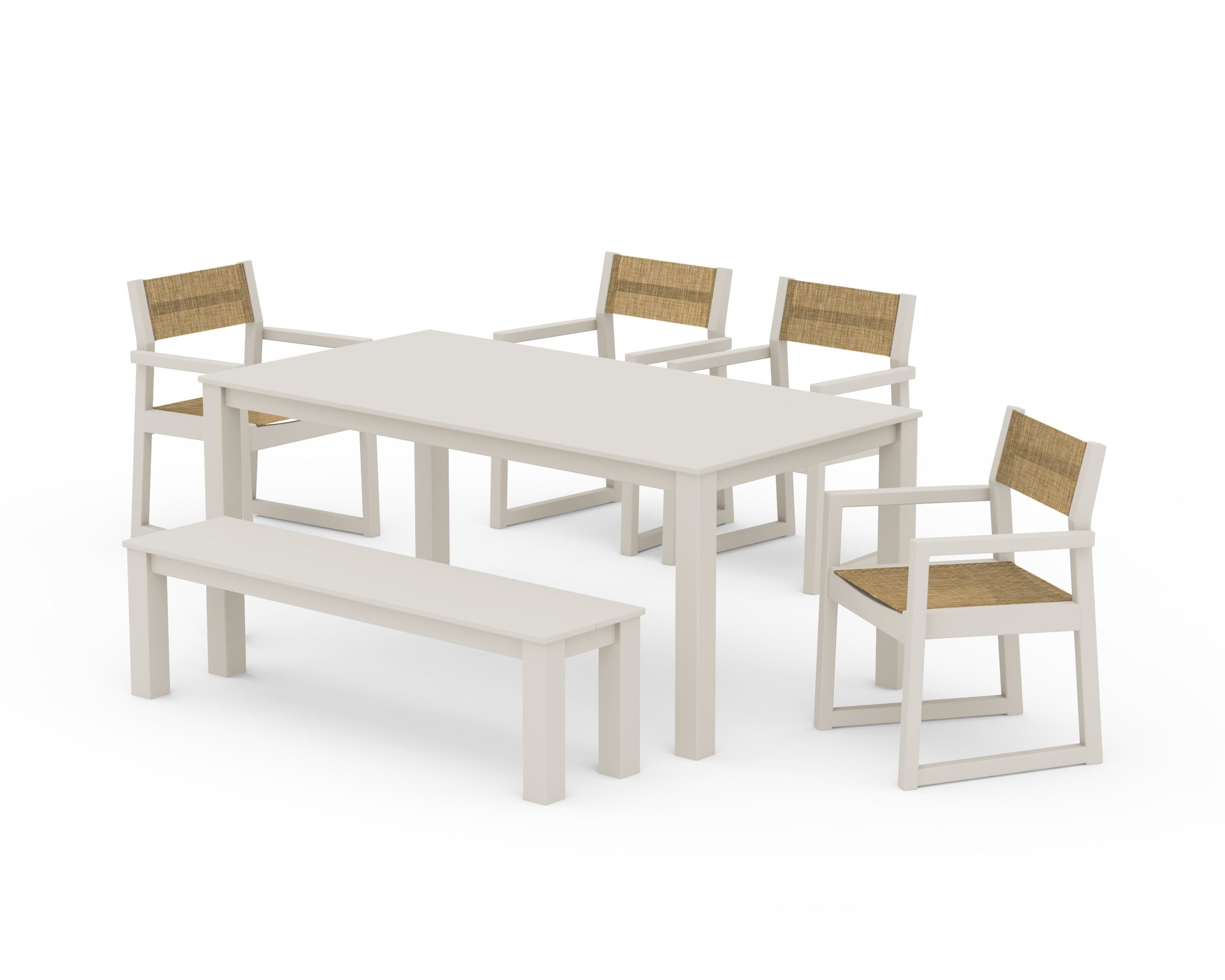 POLYWOOD® EDGE Sling Arm Chair 6-Piece Parsons Dining Set with Bench in Sand / Burlap Sling