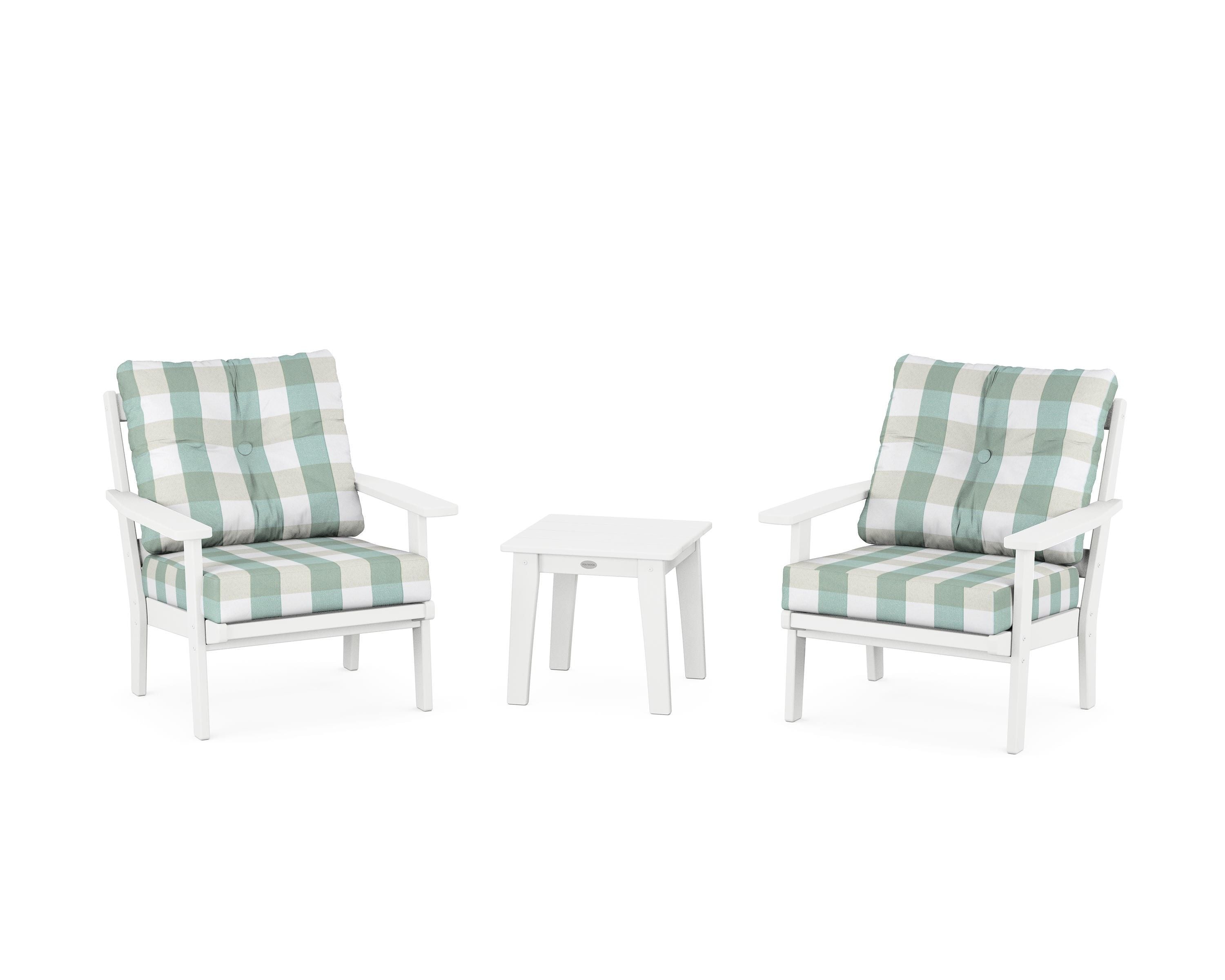 POLYWOOD® Prairie 3-Piece Deep Seating Set in White / Buffalo Plaid Glacier Spa