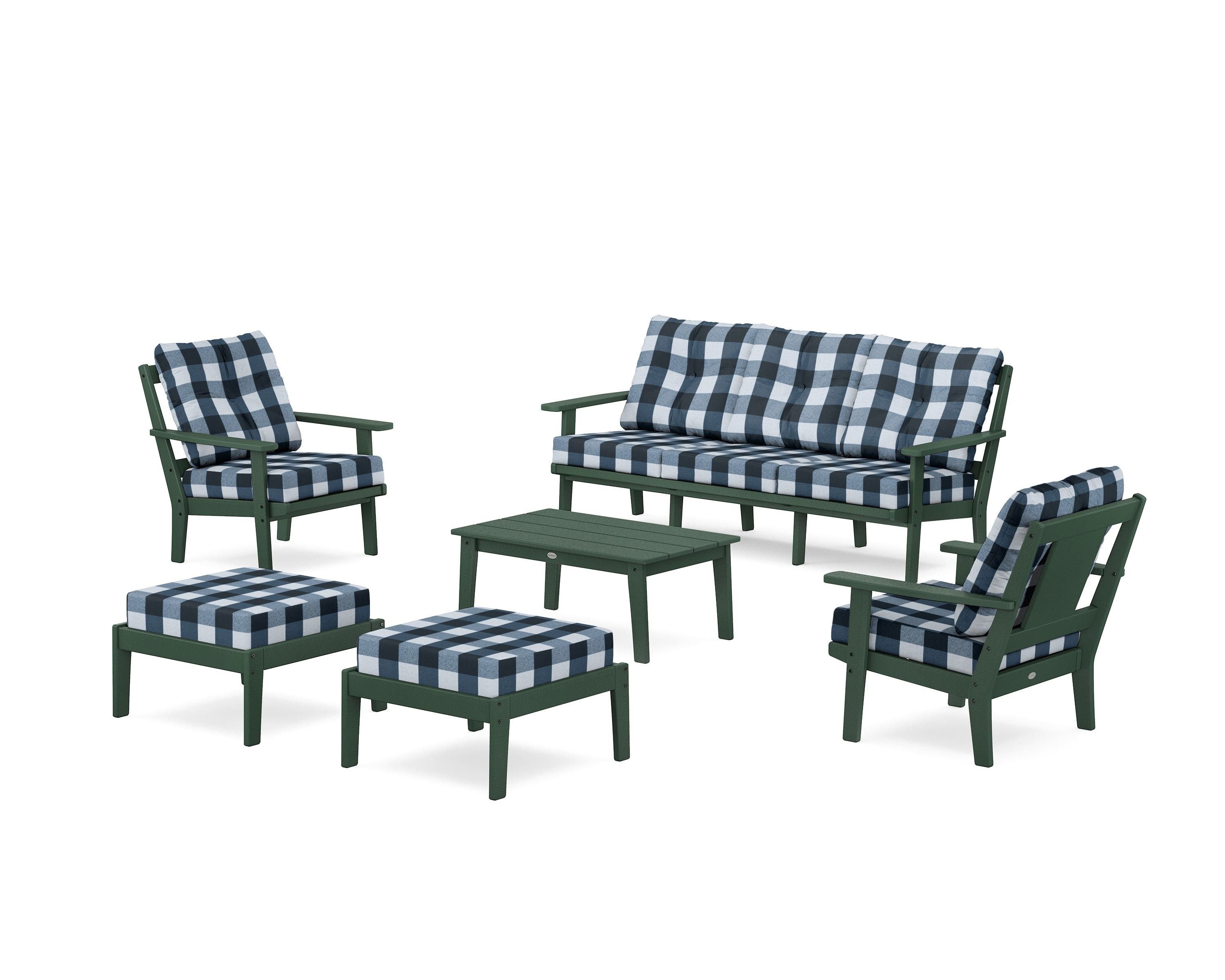 POLYWOOD® Prairie 6-Piece Lounge Sofa Set in Green / Buffalo Plaid Marine Indigo