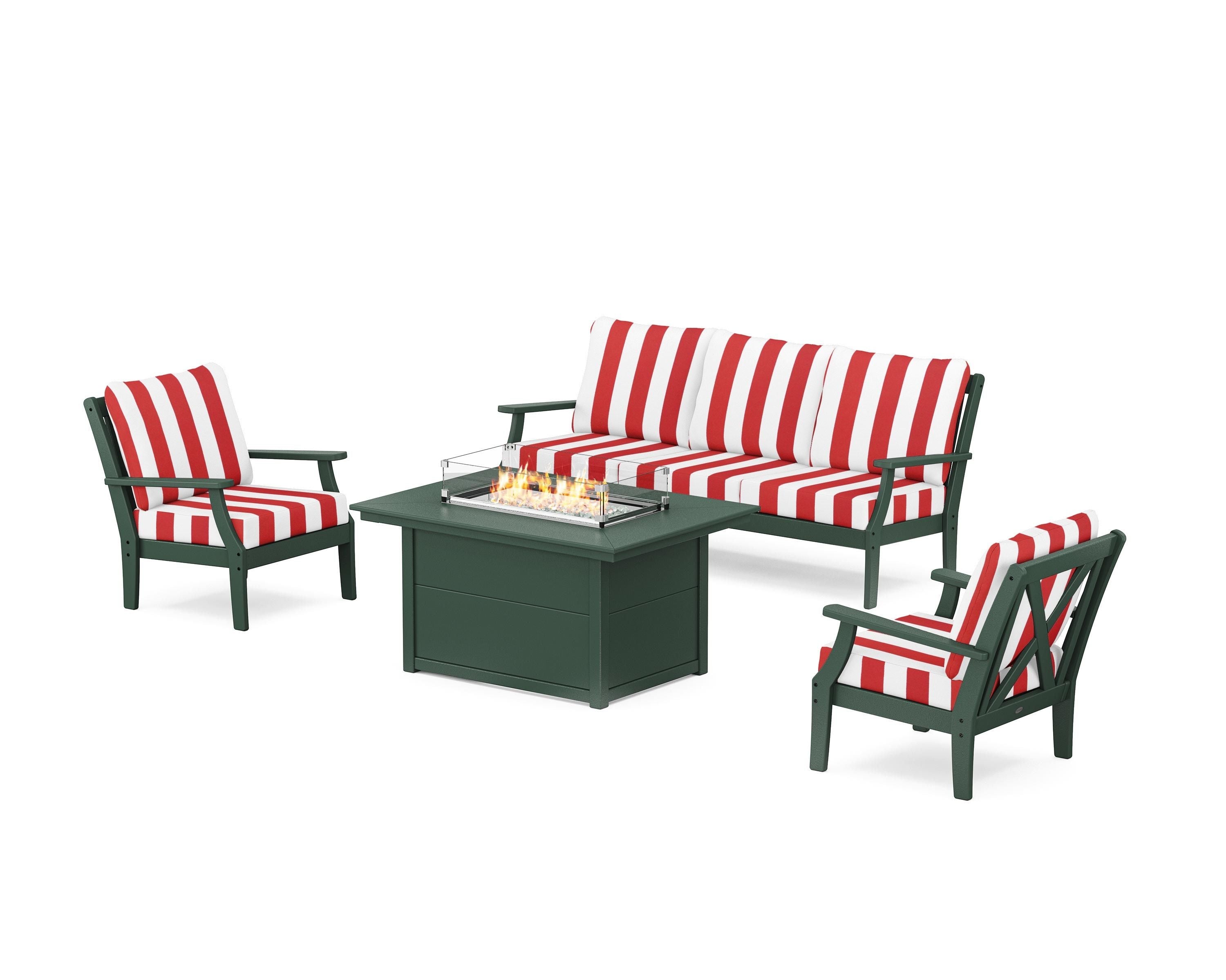 POLYWOOD® Braxton Deep Seating Fire Pit Table Set in Green / Cabana Stripe Crimson