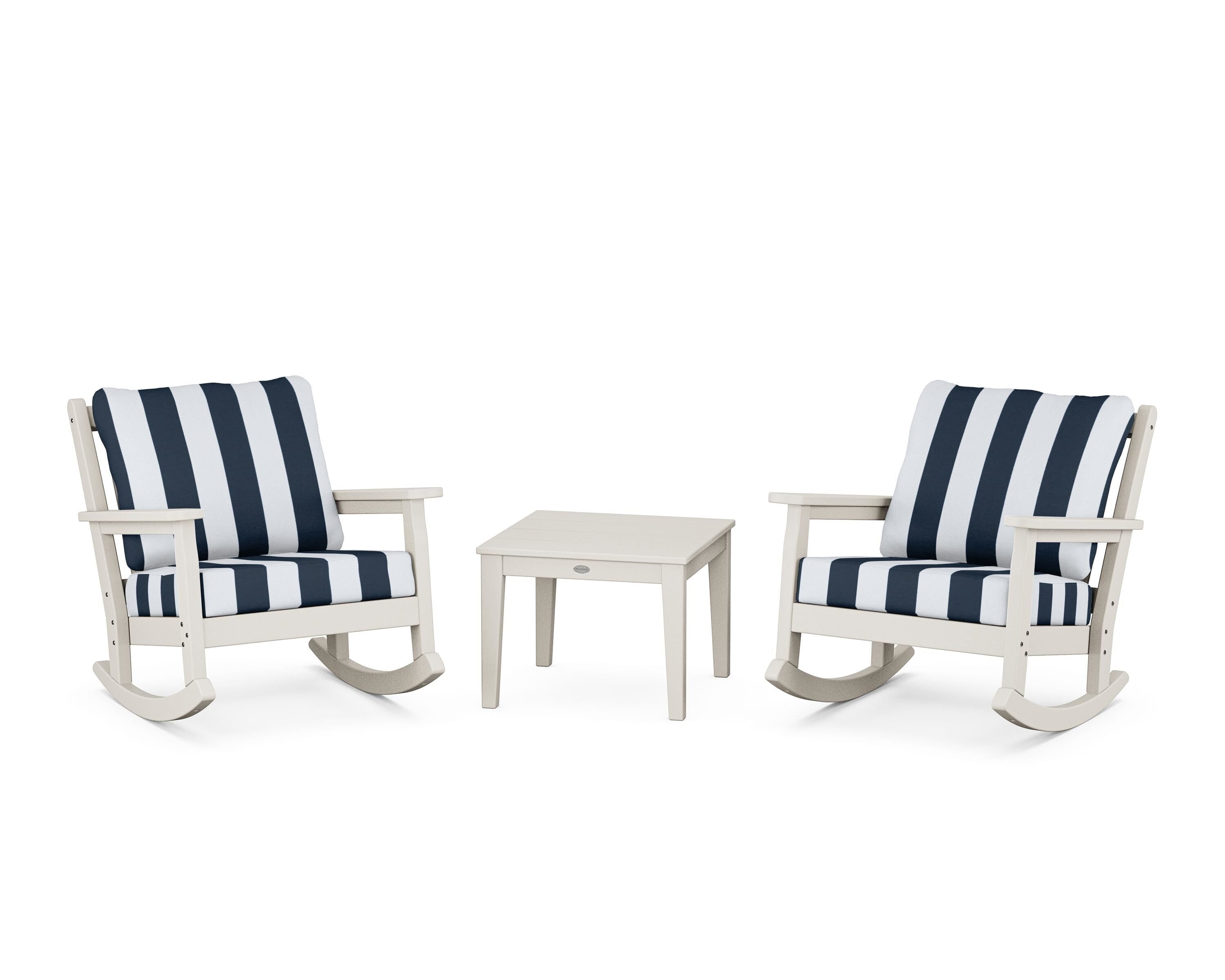 POLYWOOD® Chippendale 3-Piece Deep Seating Rocker Set in Sand / Cabana Stripe Marine Indigo