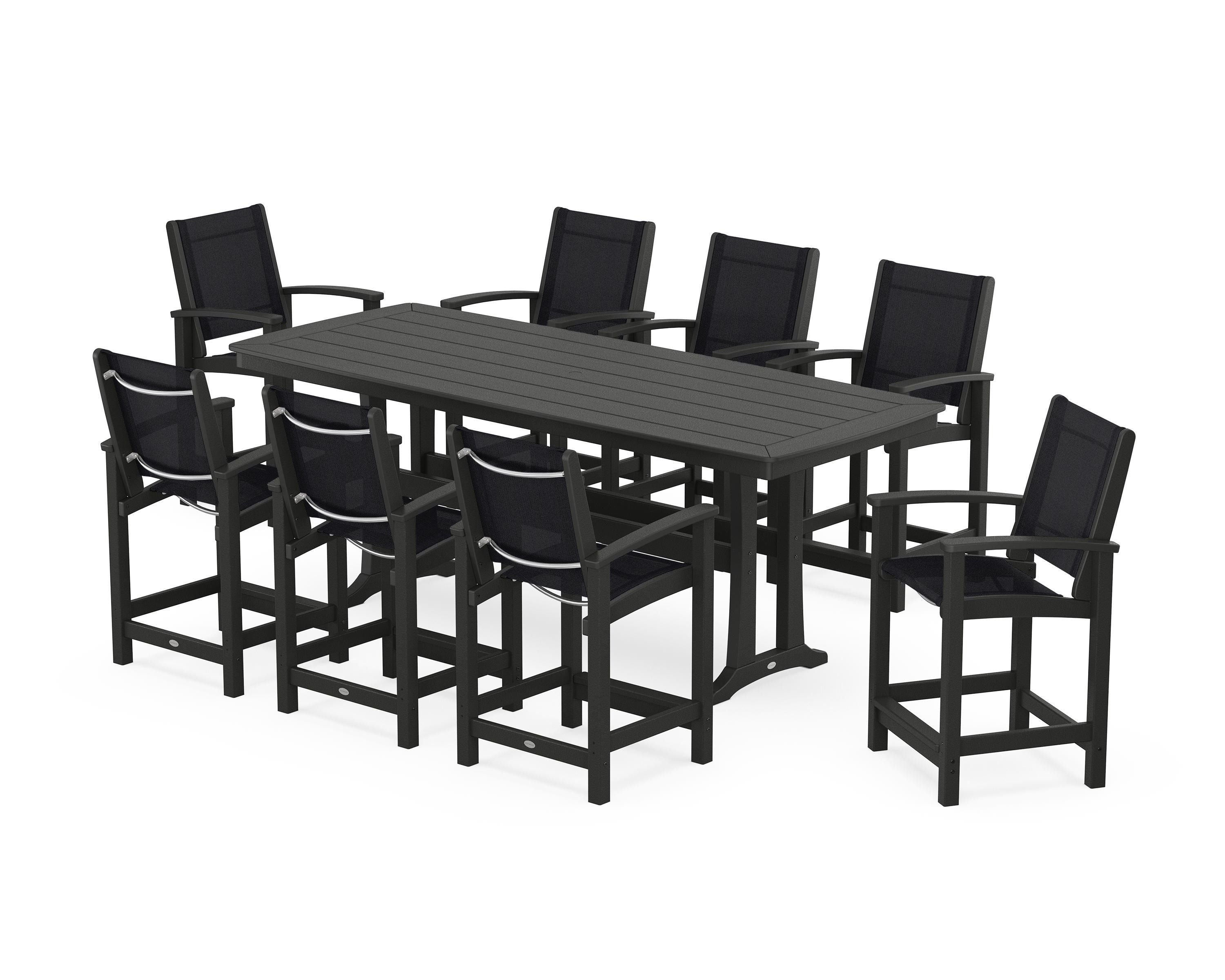 POLYWOOD® Coastal 9-Piece Counter Set with Trestle Legs in Black / Black Sling