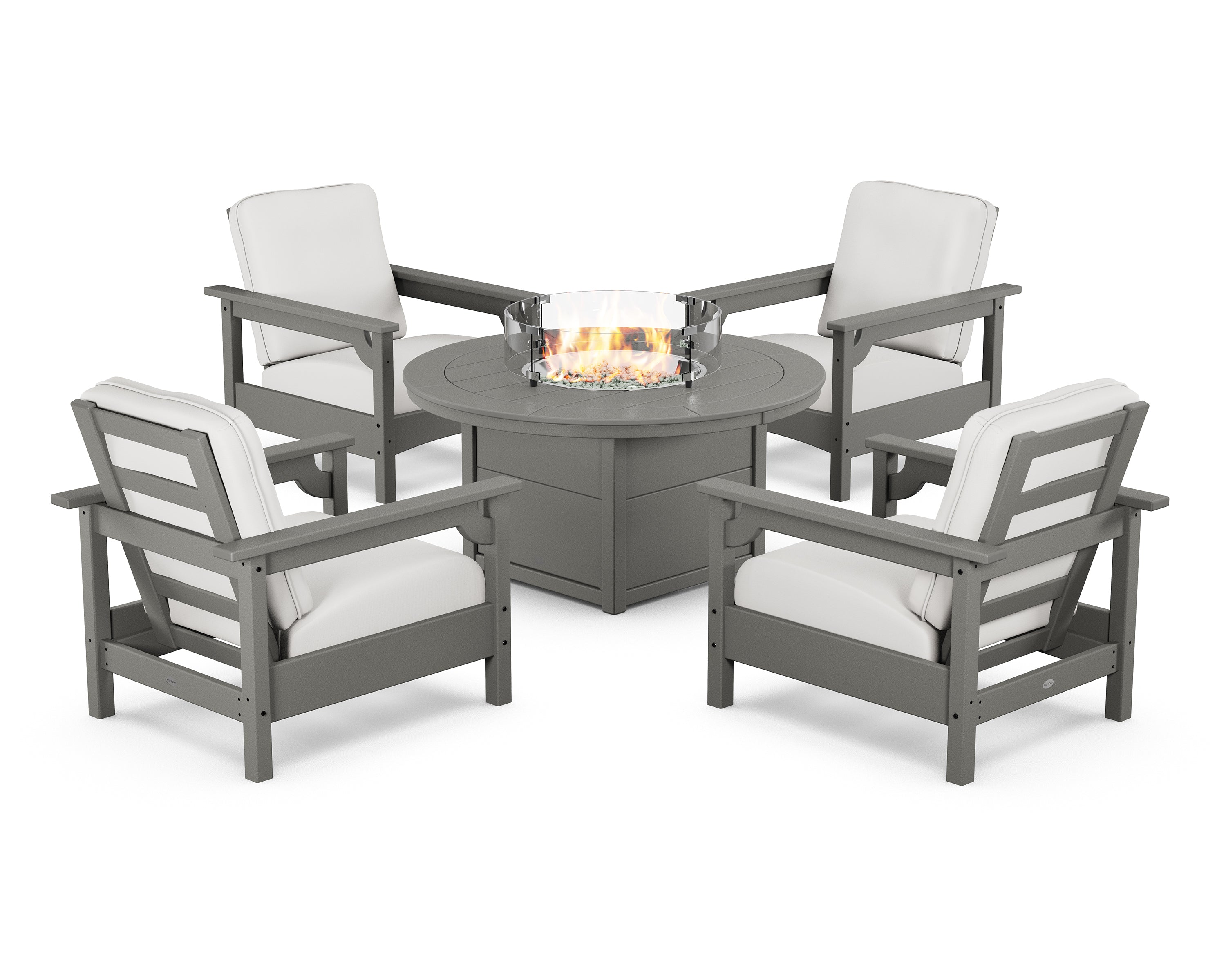 POLYWOOD® Club 5-Piece Conversation Set with Fire Pit Table in Slate Grey / Natural Linen