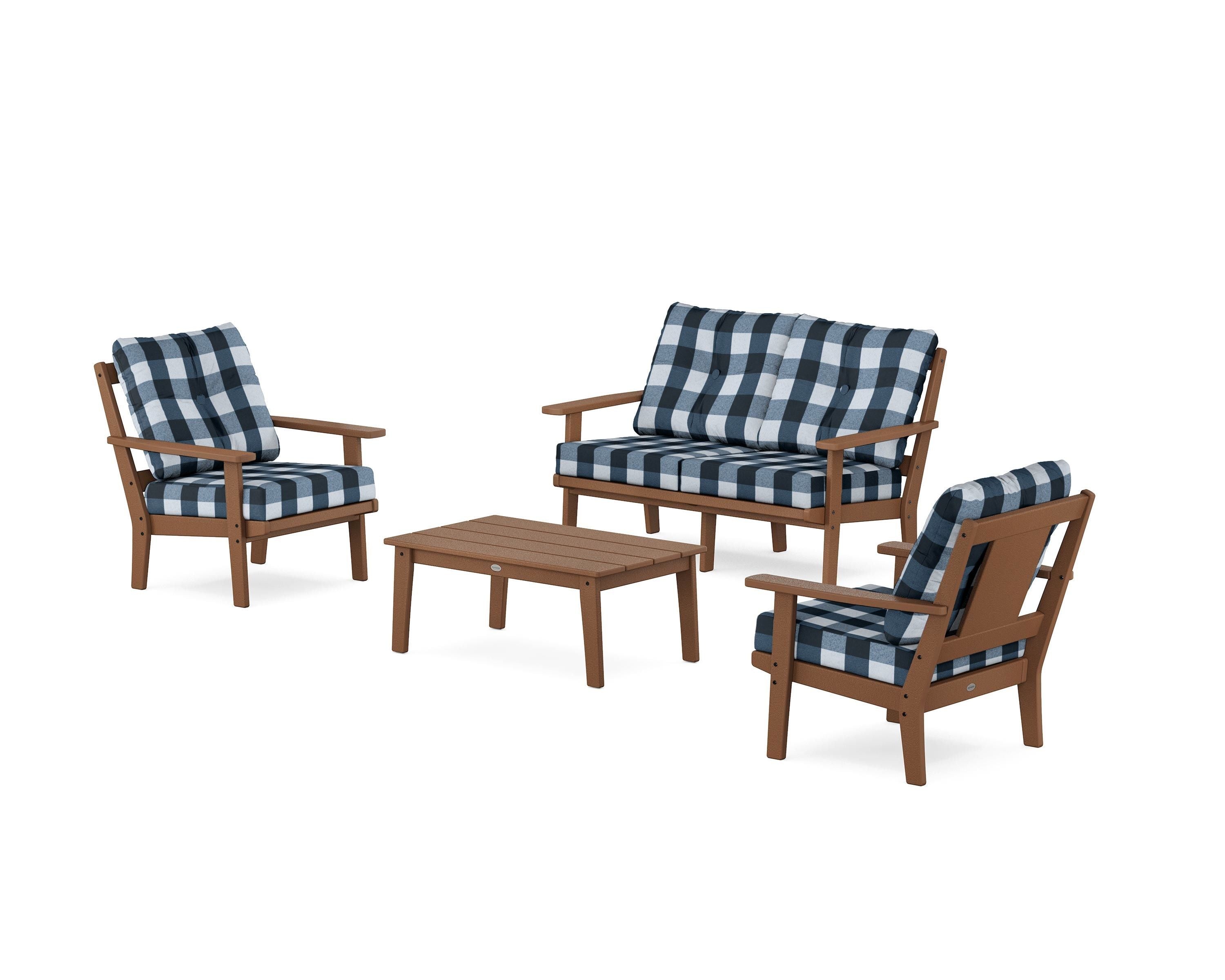 POLYWOOD® Prairie 4-Piece Deep Seating Set with Loveseat in Teak / Buffalo Plaid Marine Indigo