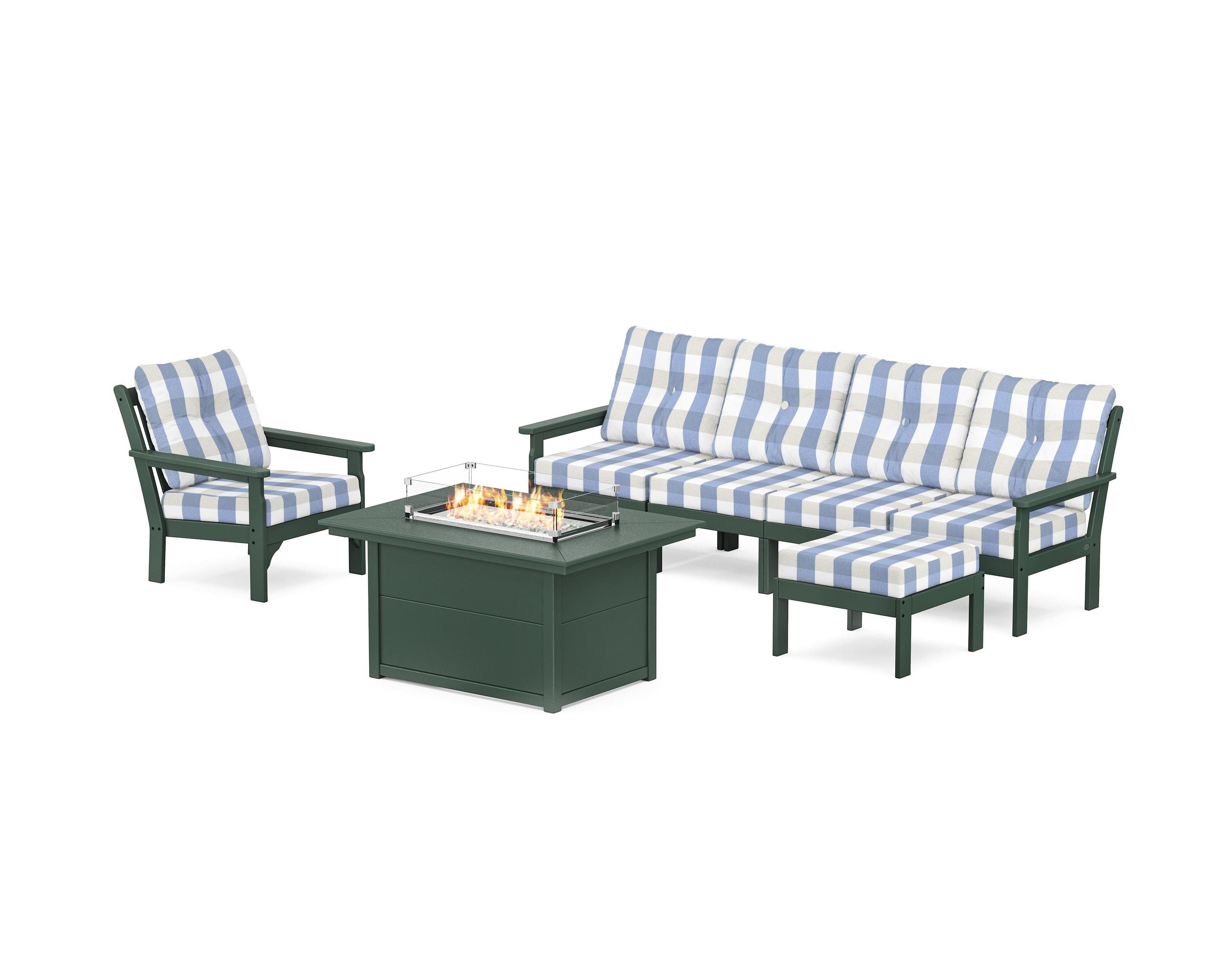 POLYWOOD® Vineyard Sectional Lounge and Fire Pit Set in Green / Buffalo Plaid Sky Blue