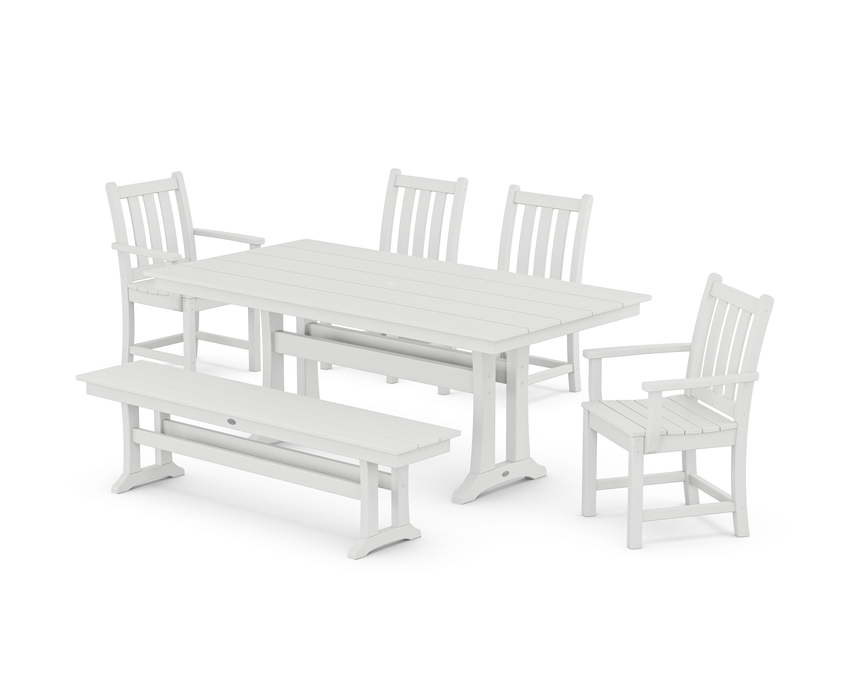 POLYWOOD® Traditional Garden 6-Piece Farmhouse Dining Set with Trestle Legs and Bench in White