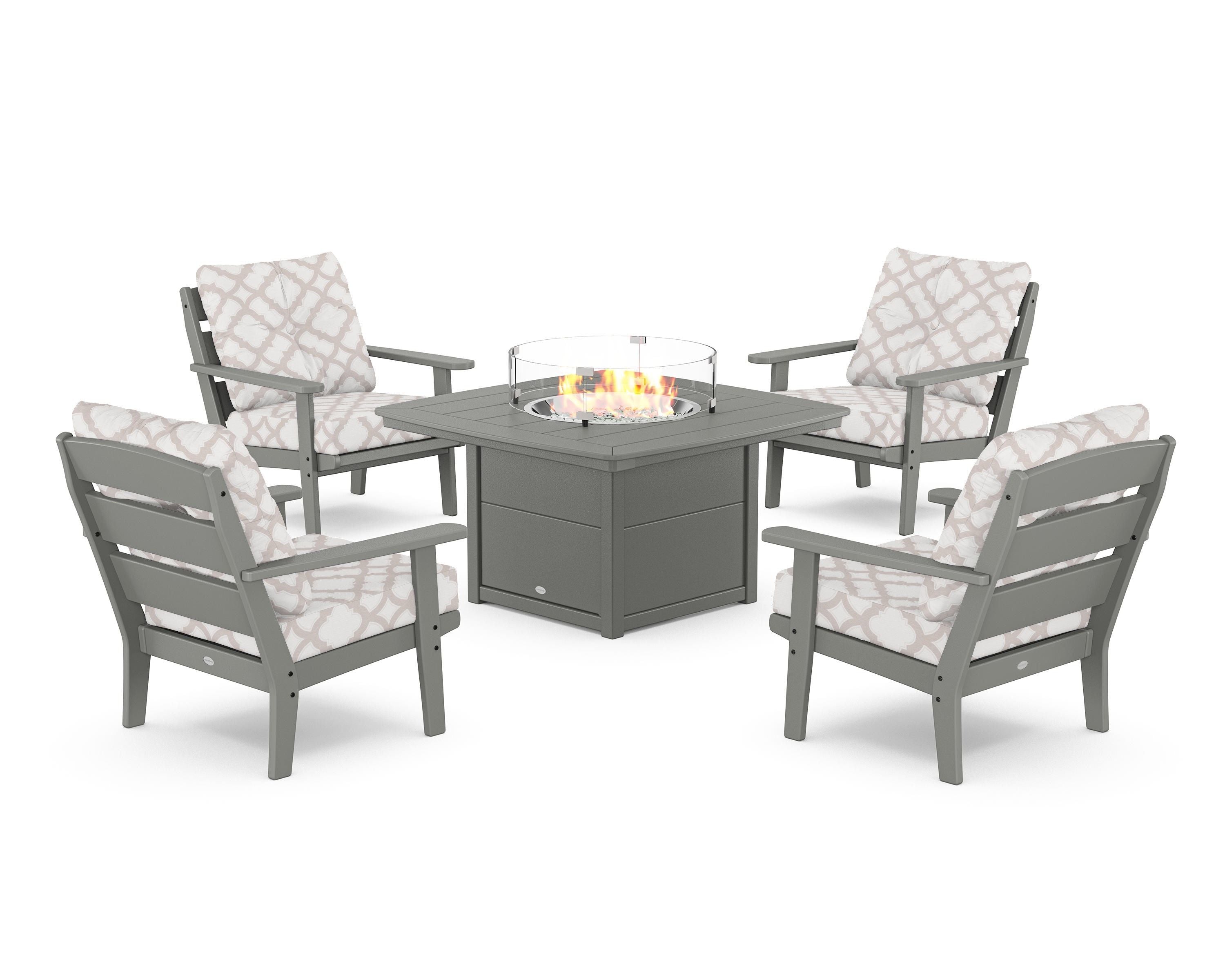 POLYWOOD® Lakeside 5-Piece Deep Seating Set with Nautical Fire Pit Table in Slate Grey / Trellis Dune Burlap