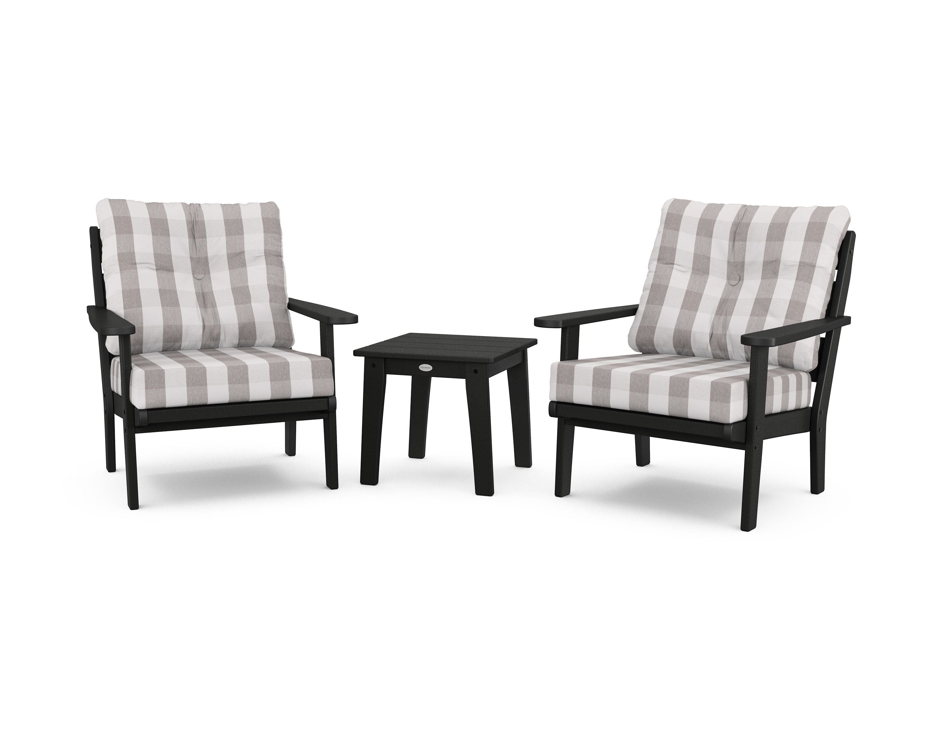 POLYWOOD® Lakeside 3-Piece Deep Seating Chair Set in Black / Buffalo Plaid Grey Mist