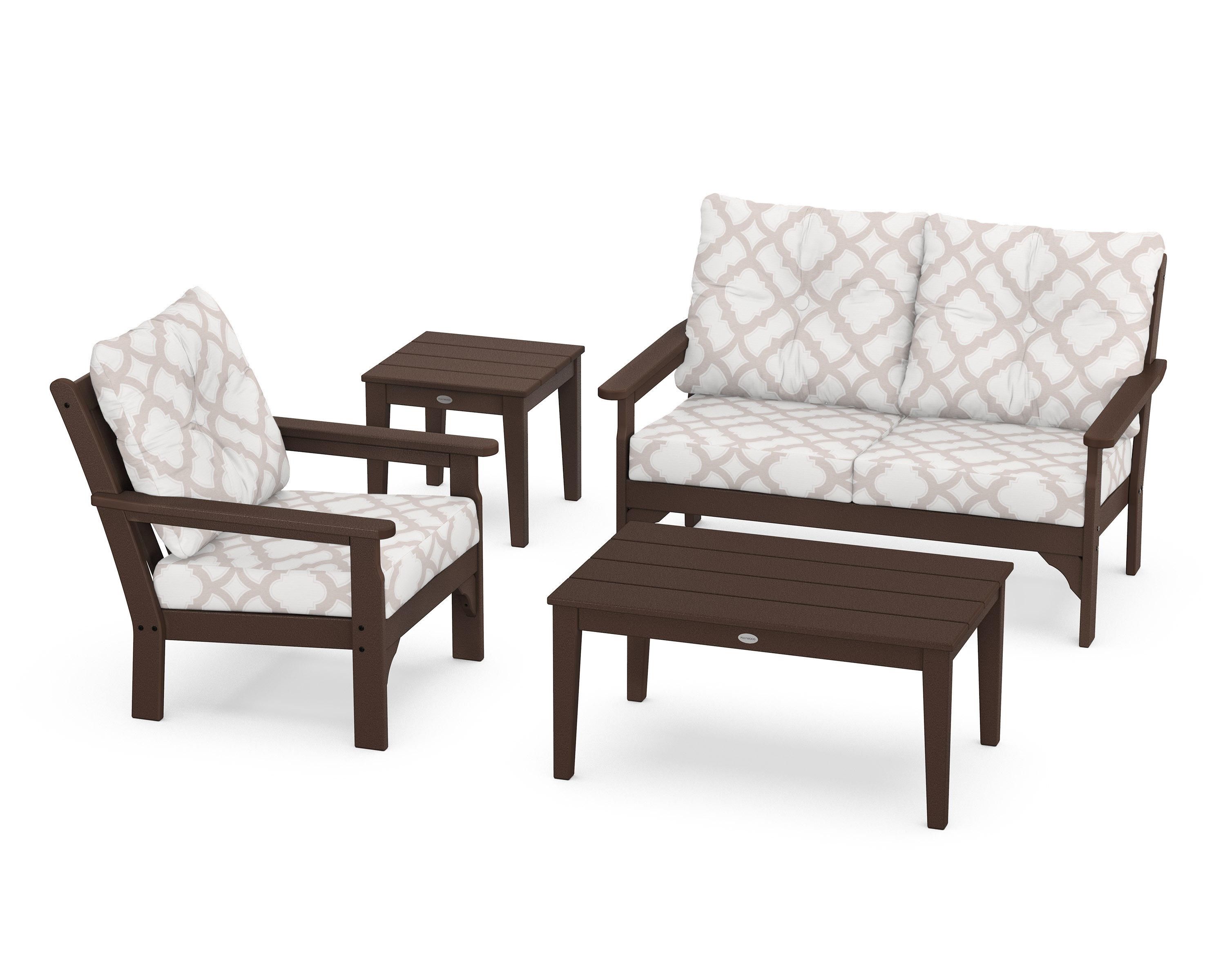 POLYWOOD® Vineyard 4-Piece Deep Seating Set in Mahogany / Trellis Dune Burlap
