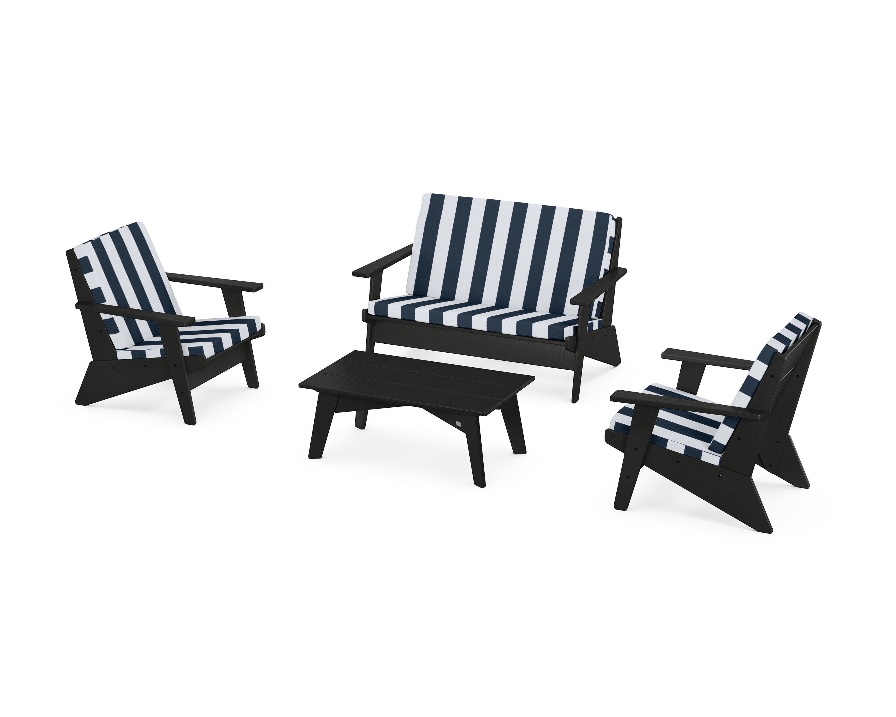 POLYWOOD® Riviera Modern Lounge 4-Piece Set in Black / Cabana Stripe Marine Indigo