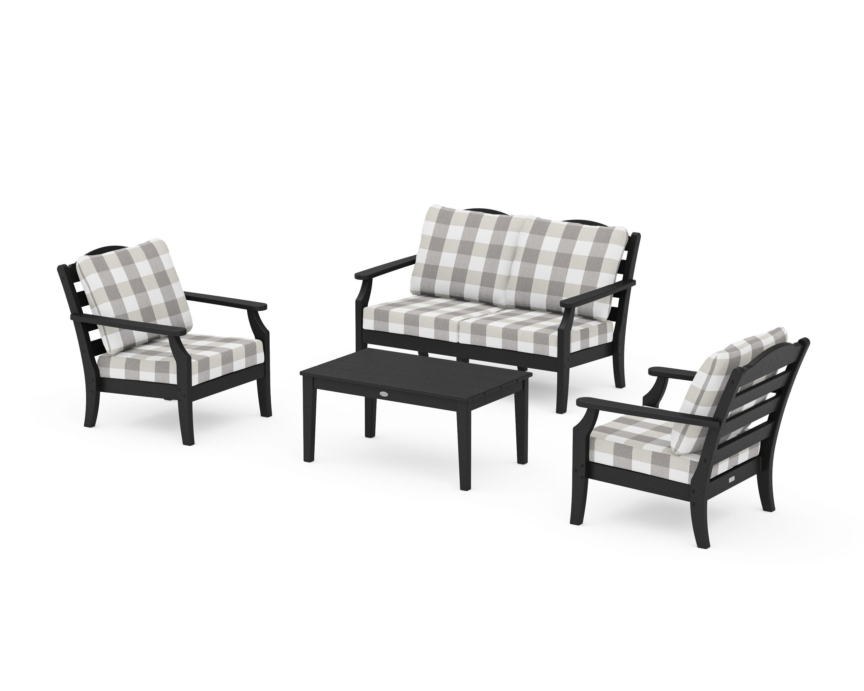 Draper James™ by POLYWOOD® Savannah 4-Piece Deep Seating Set with Loveseat in Black / Buffalo Plaid Grey Mist