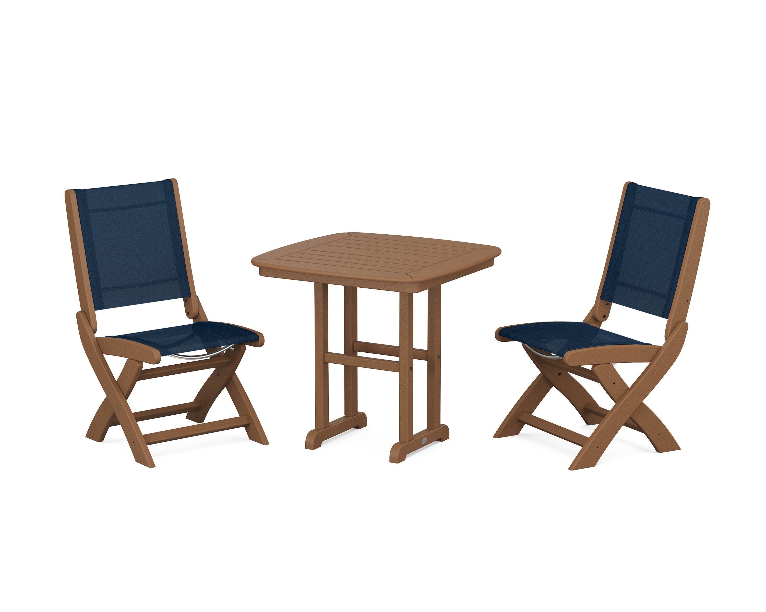 POLYWOOD® Coastal Folding Side Chair 3-Piece Dining Set in Teak / Navy Blue Sling