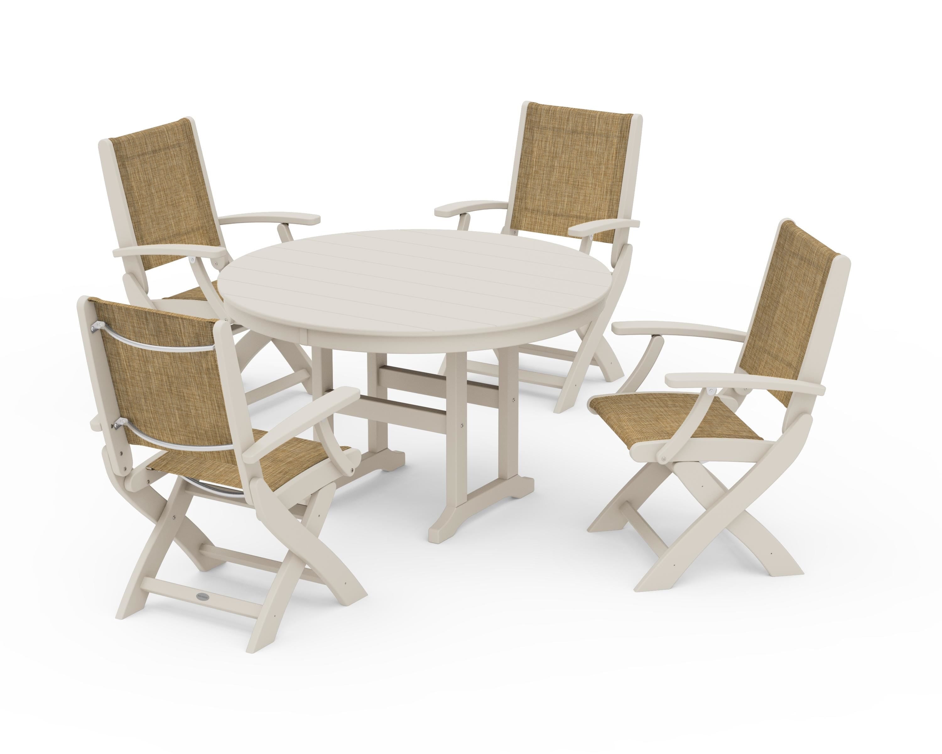 POLYWOOD® Coastal Folding Chair 5-Piece Round Dining Set in Sand / Burlap Sling