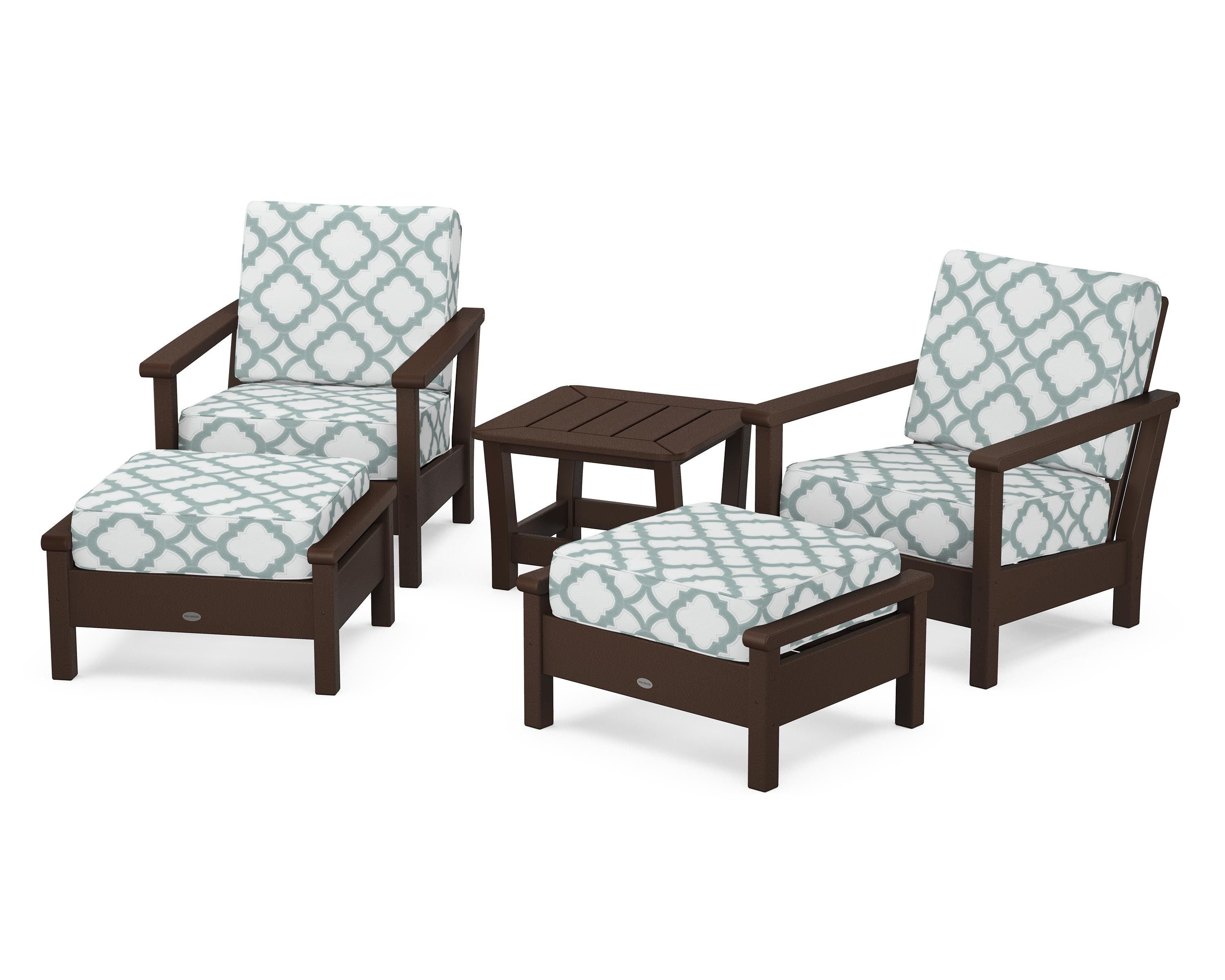 POLYWOOD® Harbour 5-Piece Deep Seating Chair Set in Mahogany / Trellis Glacier Spa