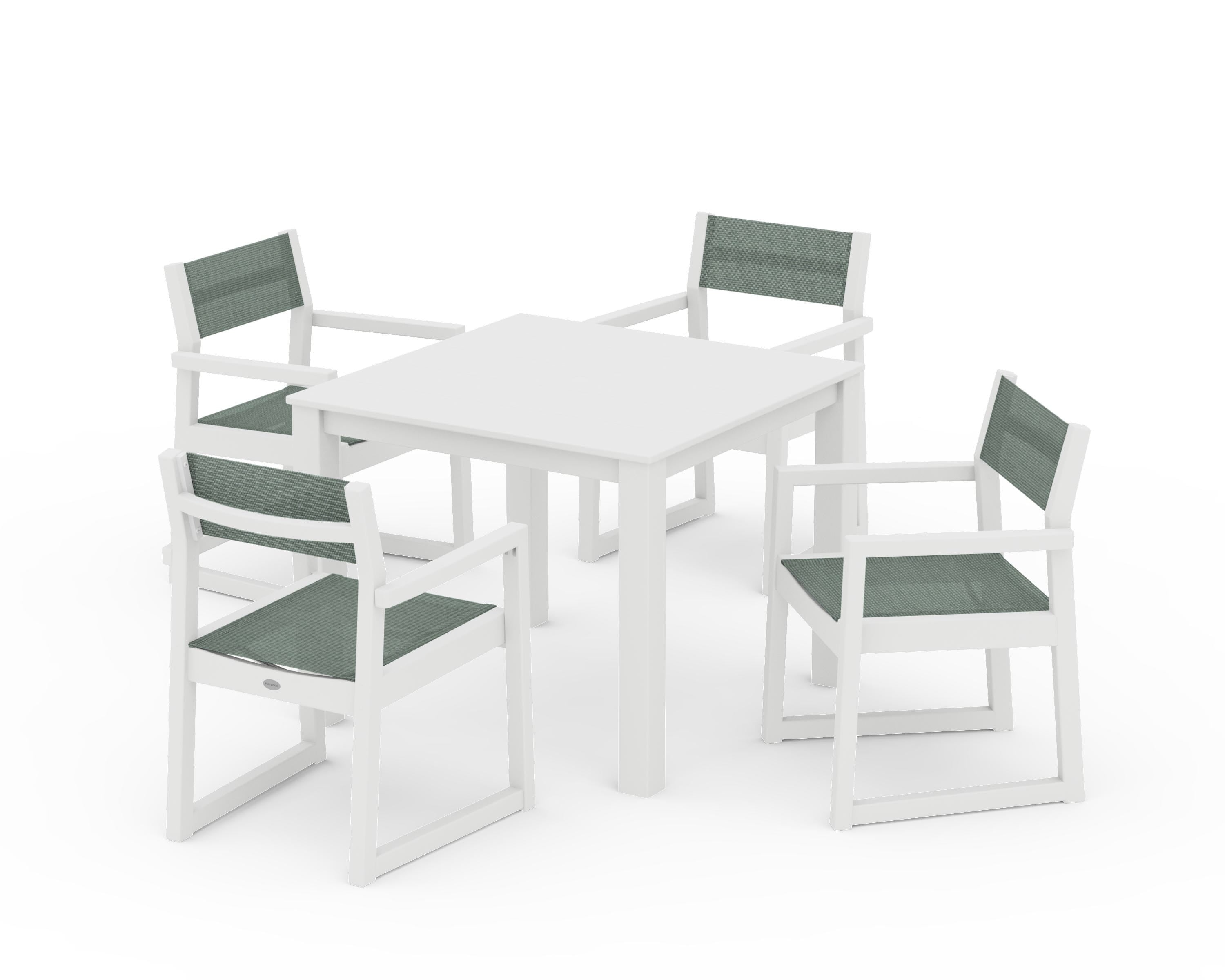 POLYWOOD® EDGE Sling Arm Chair 5-Piece Parsons Dining Set in White / Dupioni Sea Mist Sling