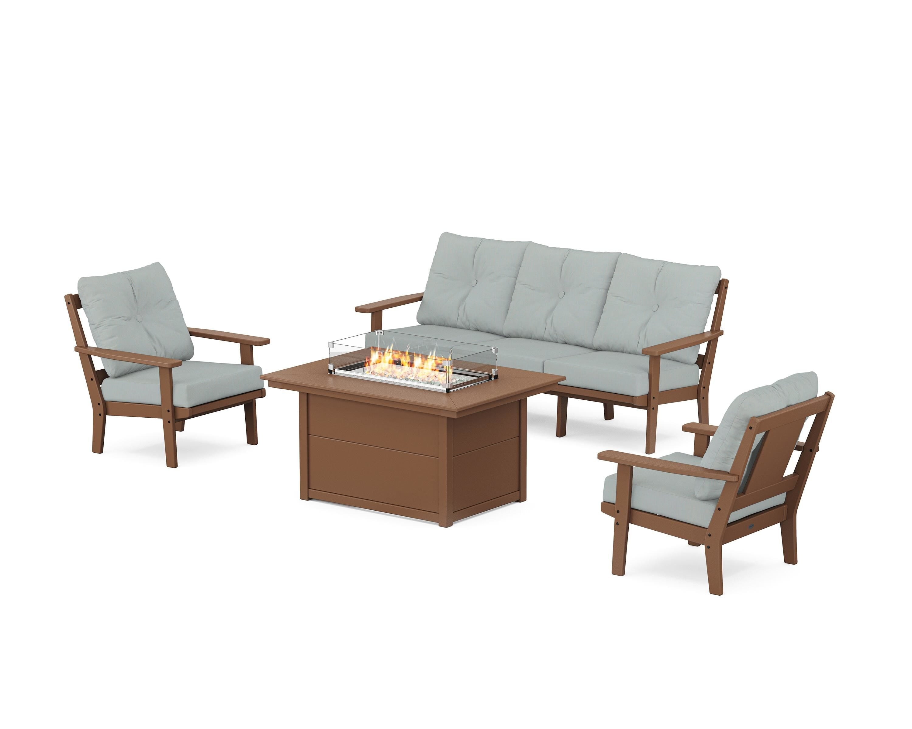 POLYWOOD® Prairie Deep Seating Fire Pit Table Set in Teak / Spa