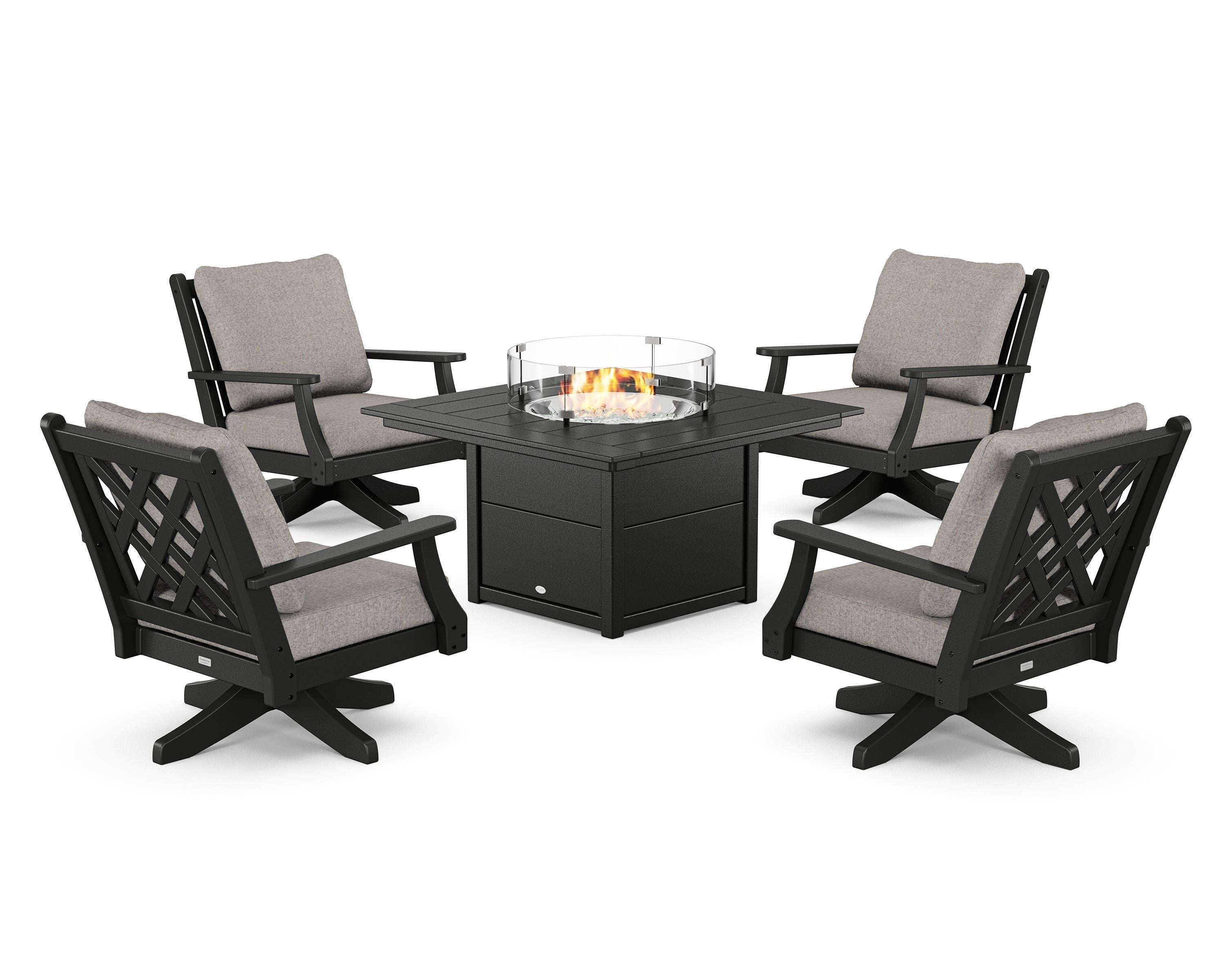 Country Living Wovendale 5-Piece Deep Seating Swivel Conversation Set with Fire Pit Table in Black / Weathered Tweed