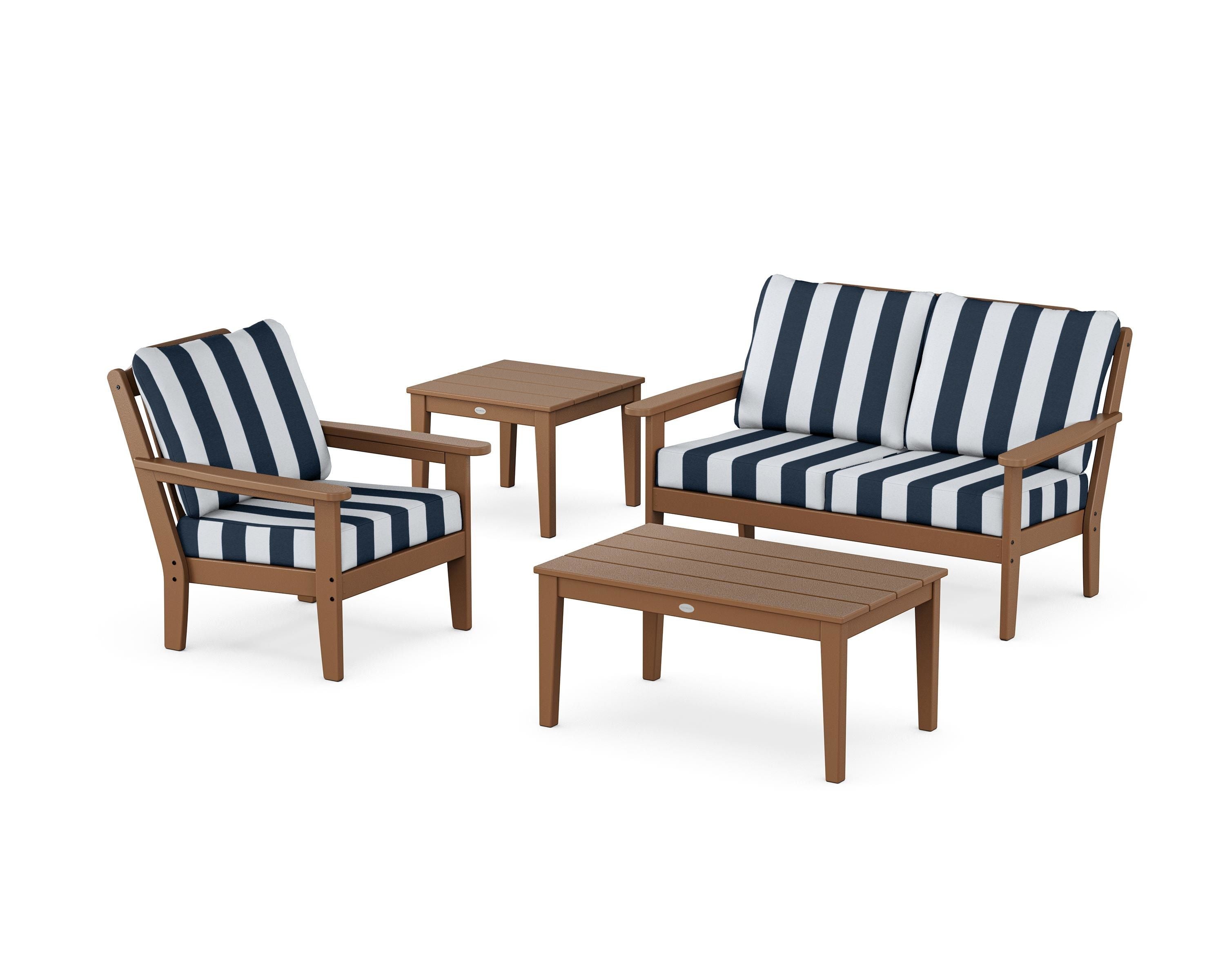 Country Living Wovendale 4-Piece Deep Seating Set in Teak / Cabana Stripe Marine Indigo