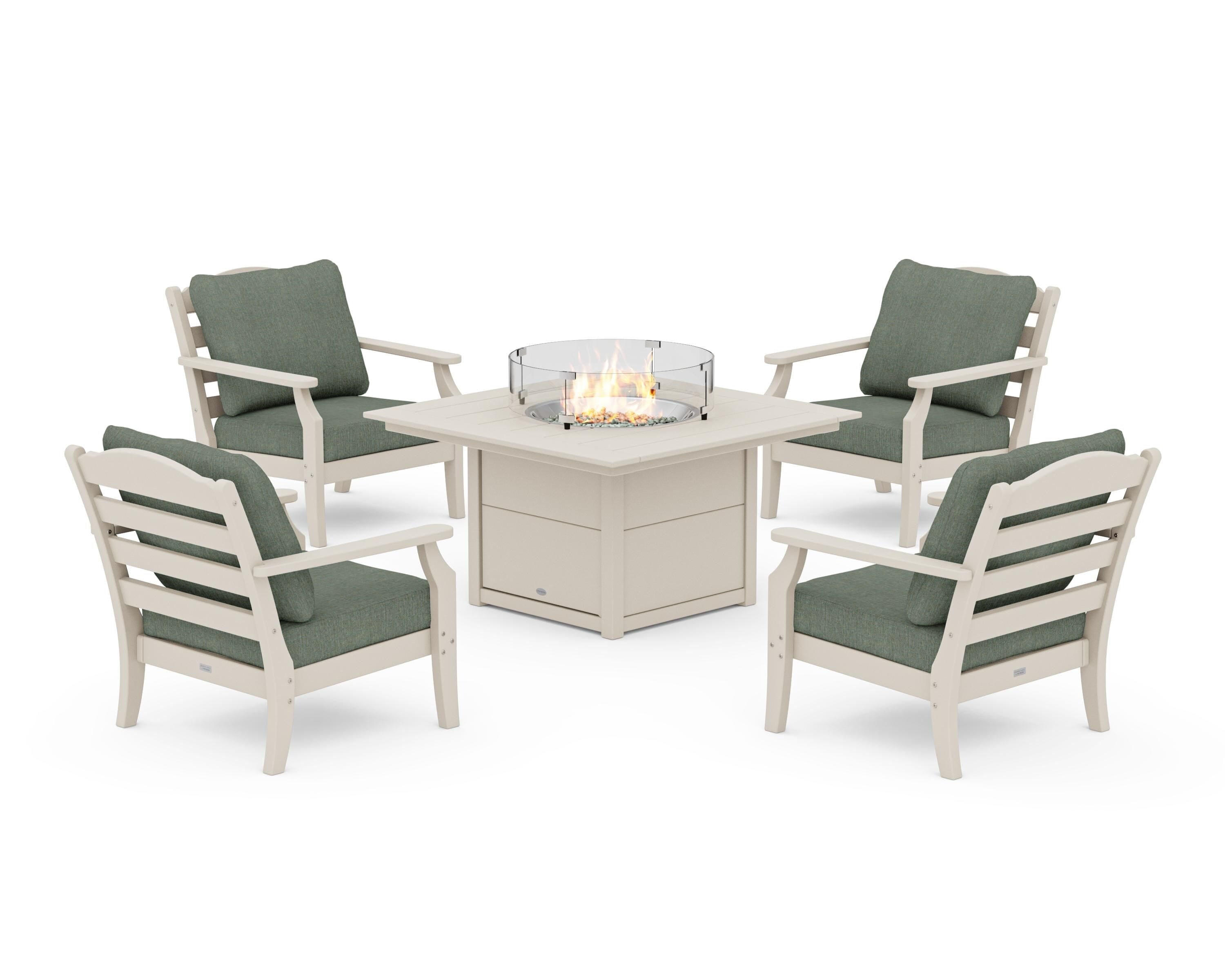 Draper James™ by POLYWOOD® Savannah 5-Piece Deep Seating Set with Fire Pit Table in Sand / Cast Sage