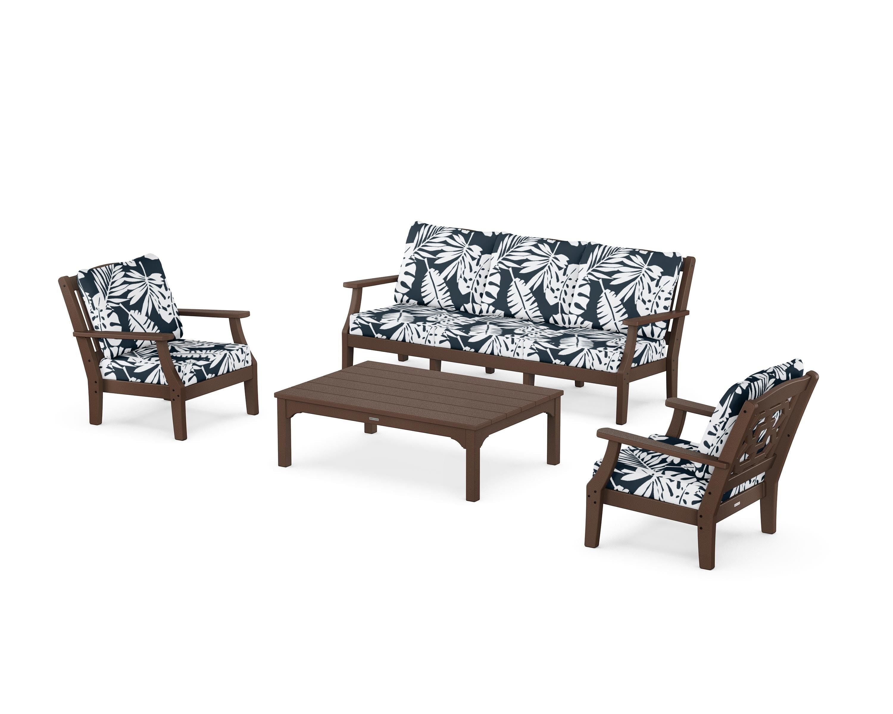 Martha Stewart by POLYWOOD® Chinoiserie 4-Piece Deep Seating Set with Sofa in Mahogany / Leaf Marine Indigo
