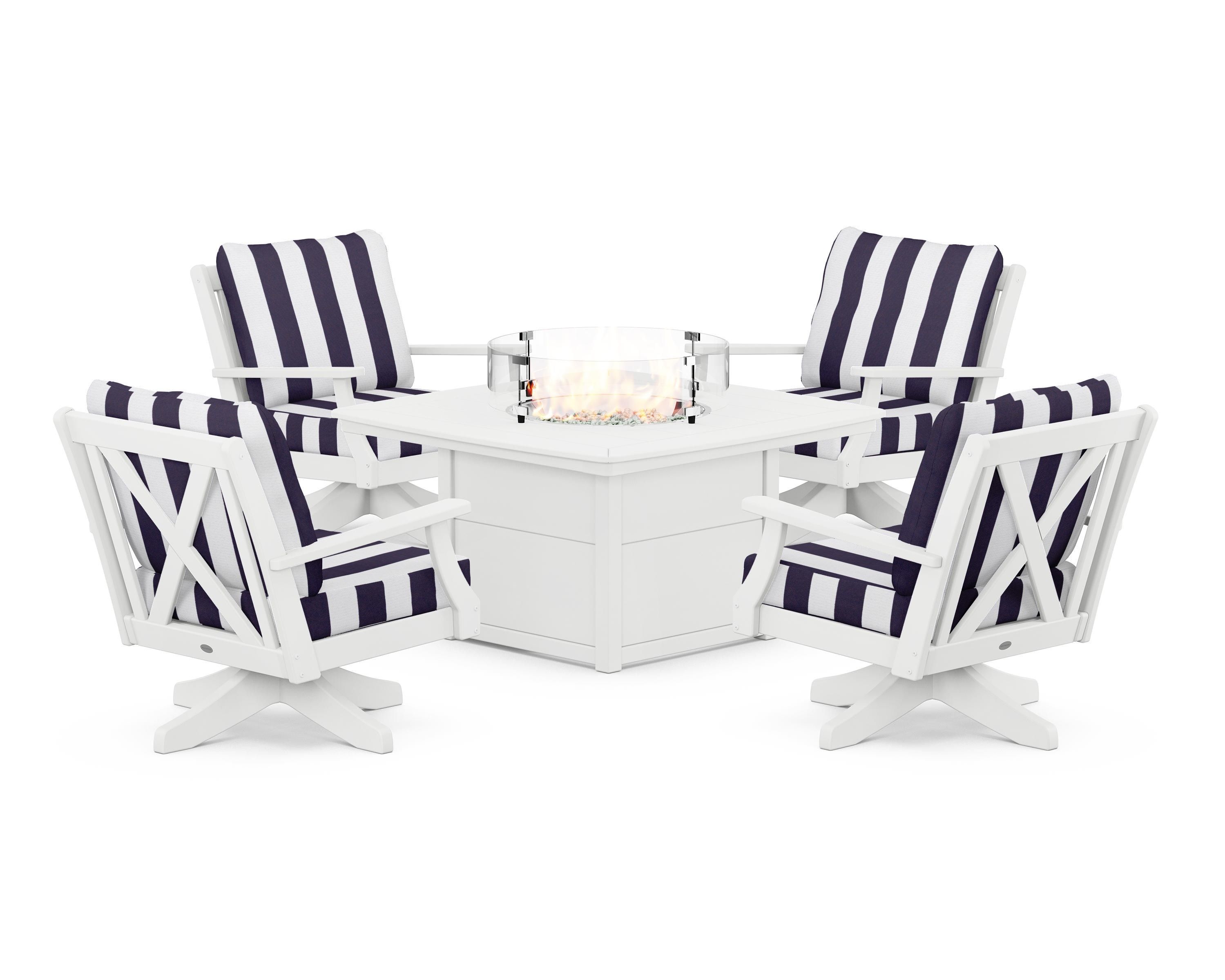 POLYWOOD® Braxton 5-Piece Deep Seating Swivel Conversation Set with Fire Pit Table in White / Cabana Stripe Navy