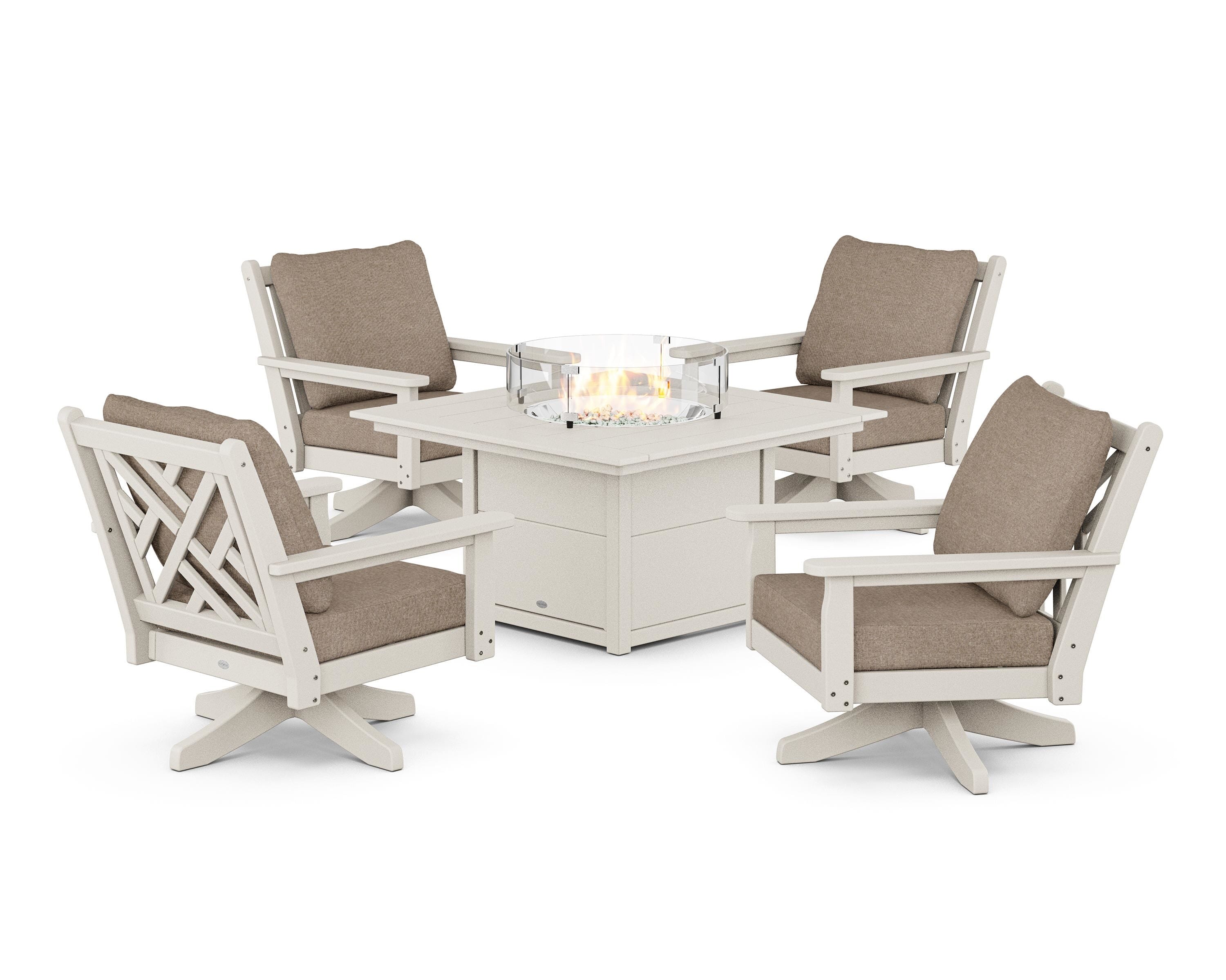 POLYWOOD® Chippendale 5-Piece Deep Seating Swivel Conversation Set with Fire Pit Table in Sand / Spiced Burlap