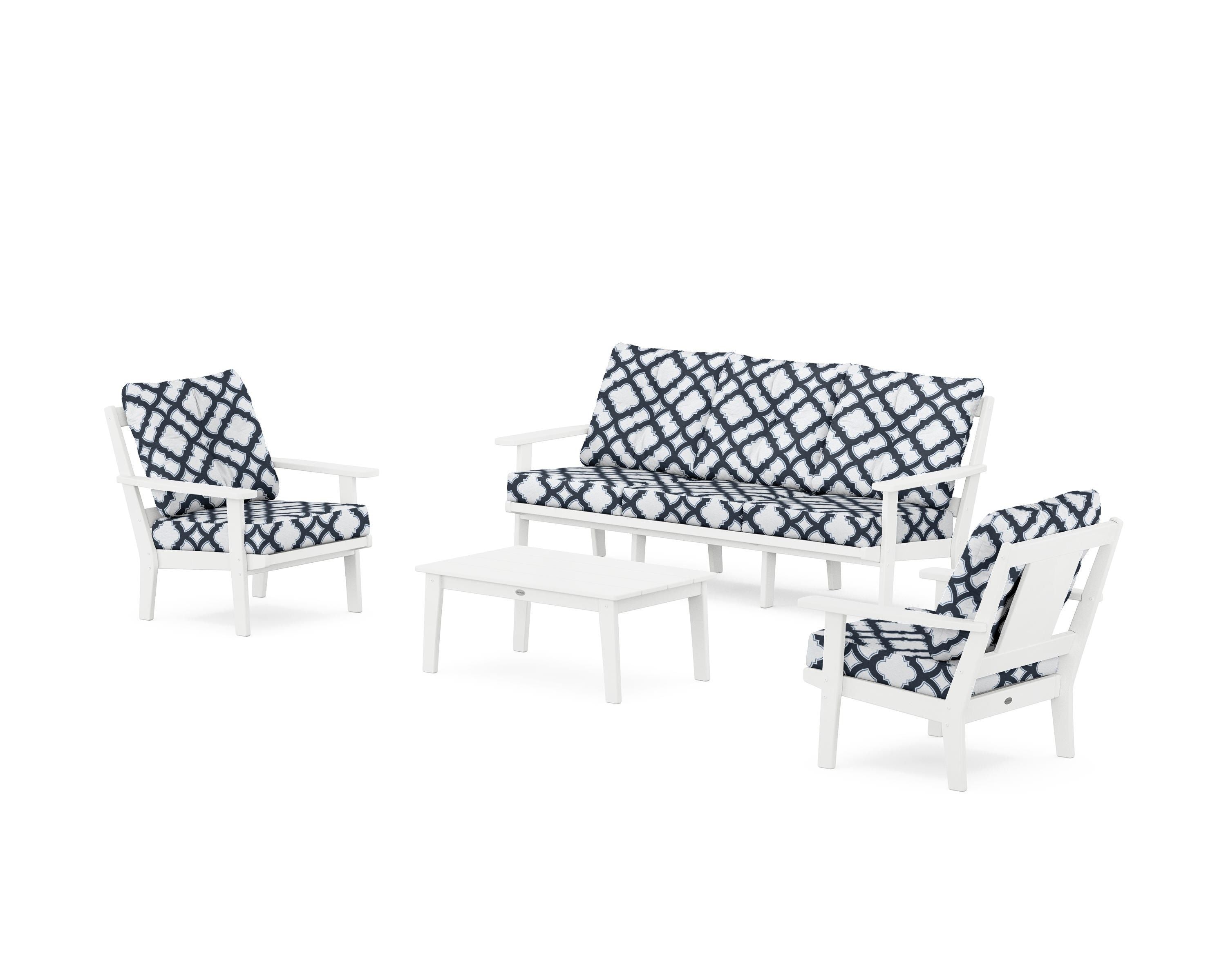 POLYWOOD® Prairie 4-Piece Deep Seating Set with Sofa in White / Trellis Marine Indigo