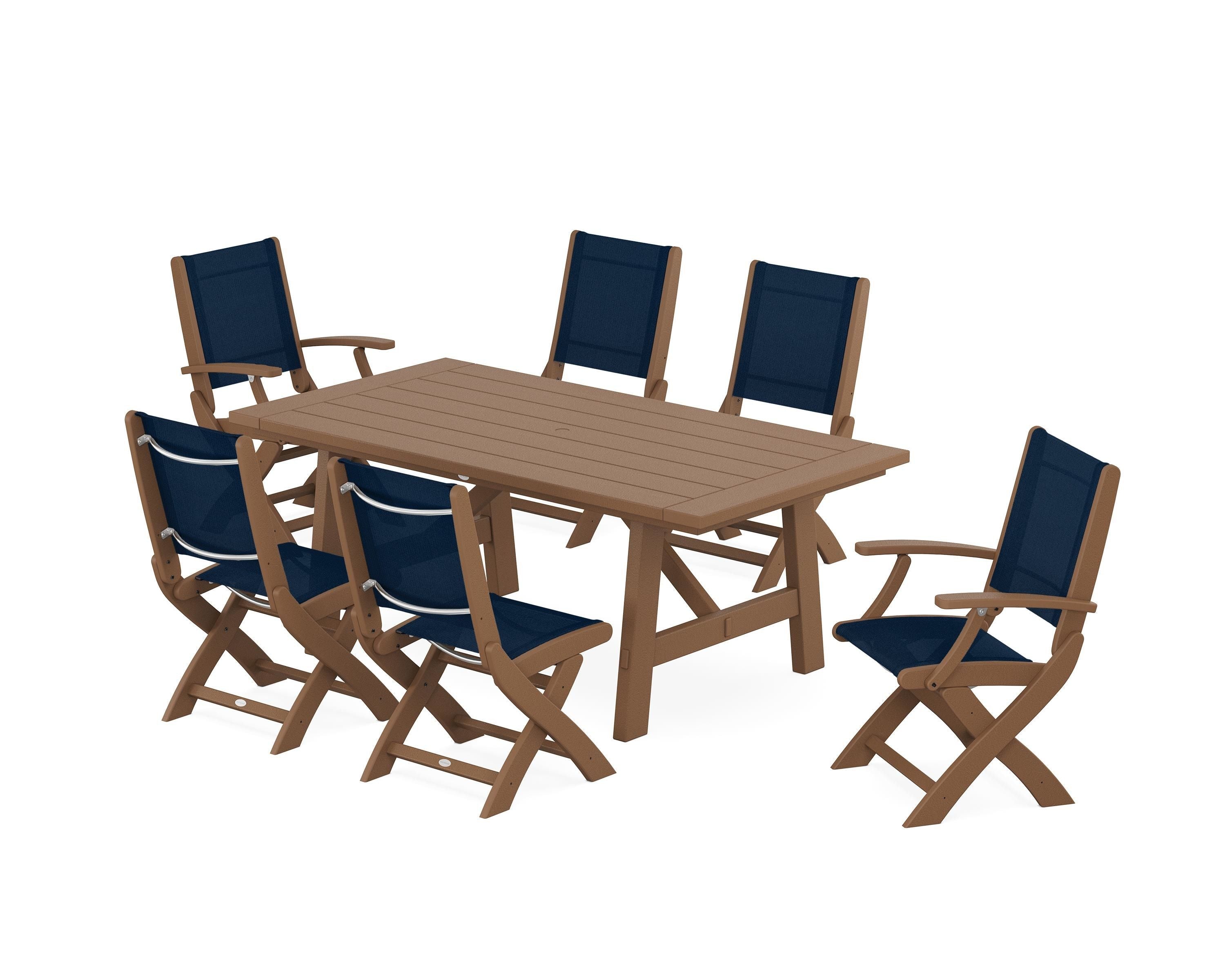 POLYWOOD® Coastal Folding Chair 7-Piece Rustic Farmhouse Dining Set in Teak / Navy Blue Sling