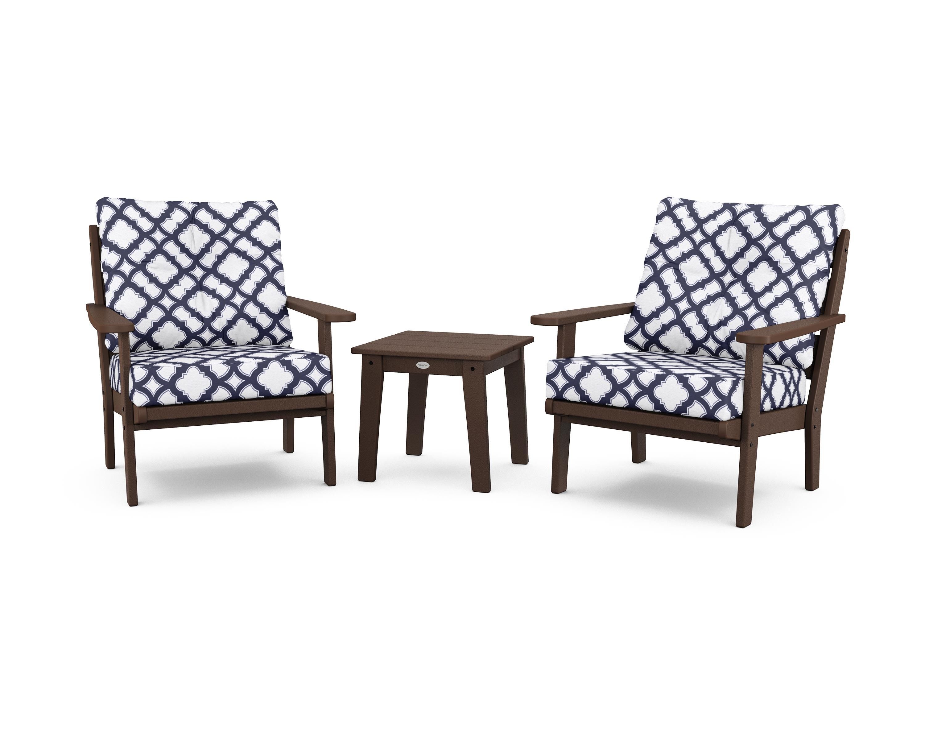POLYWOOD® Lakeside 3-Piece Deep Seating Chair Set in Mahogany / Trellis Navy
