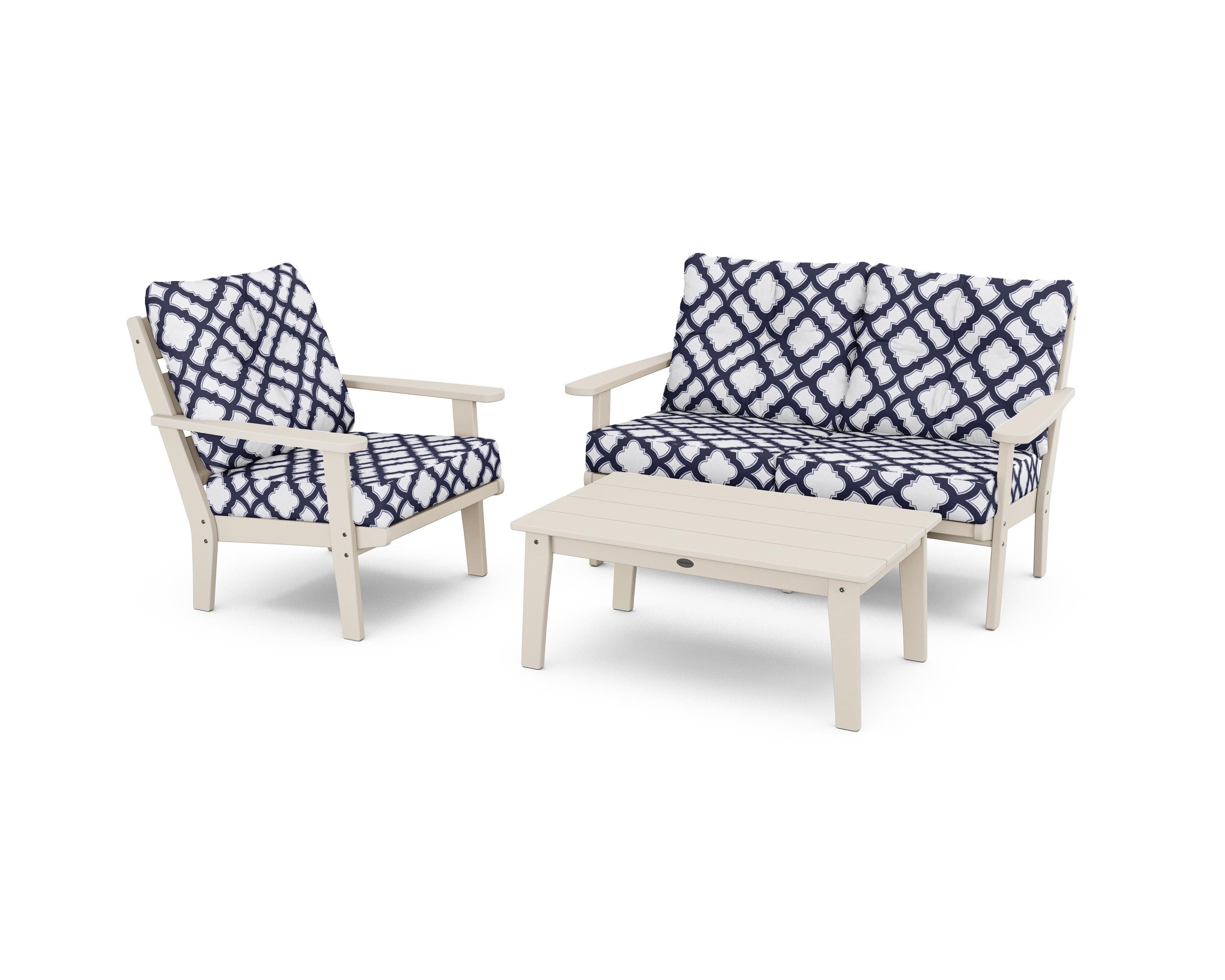 POLYWOOD® Lakeside 3-Piece Deep Seating Set in Sand / Trellis Navy
