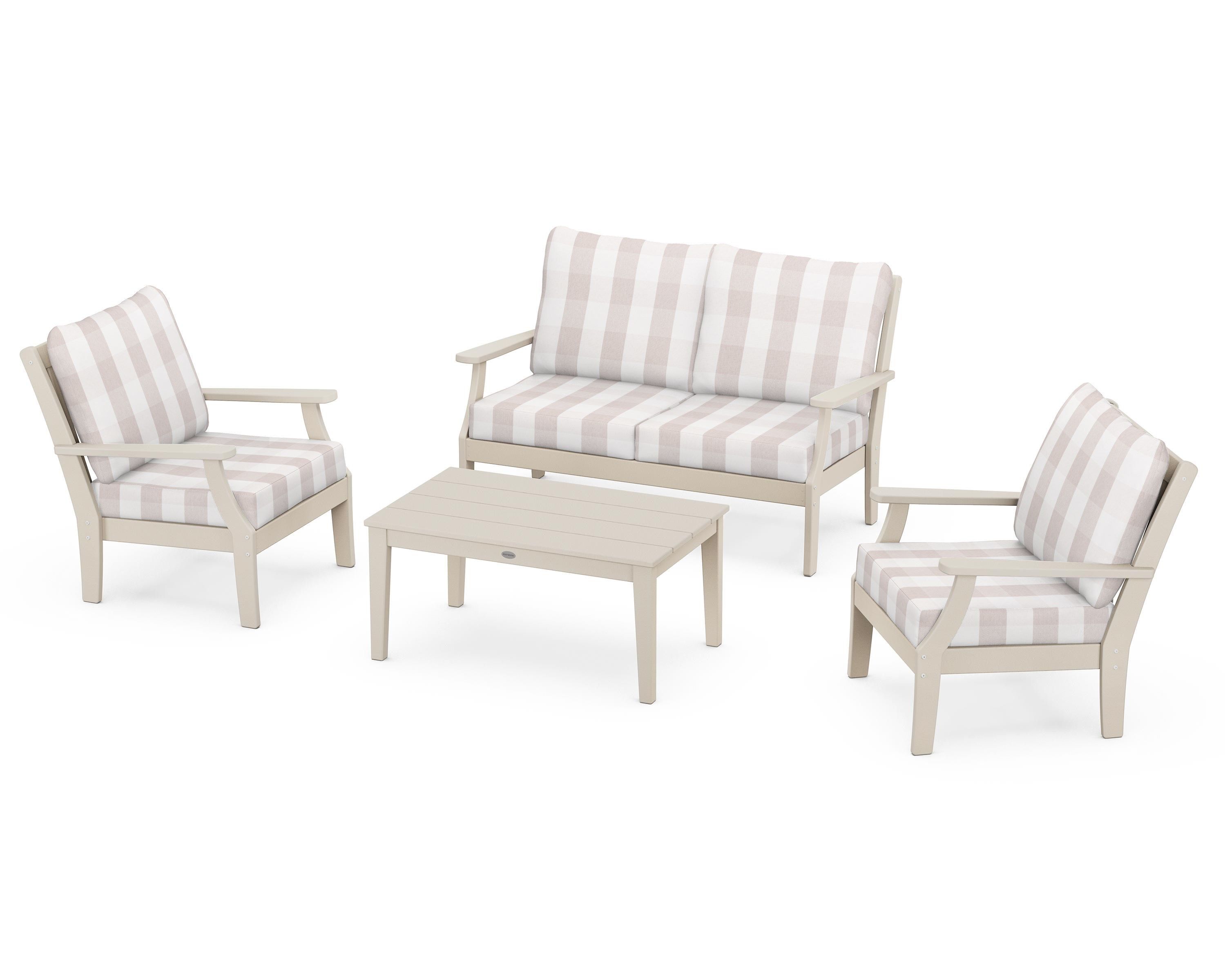 POLYWOOD® Braxton 4-Piece Deep Seating Chair Set in Sand / Buffalo Plaid Dune Burlap