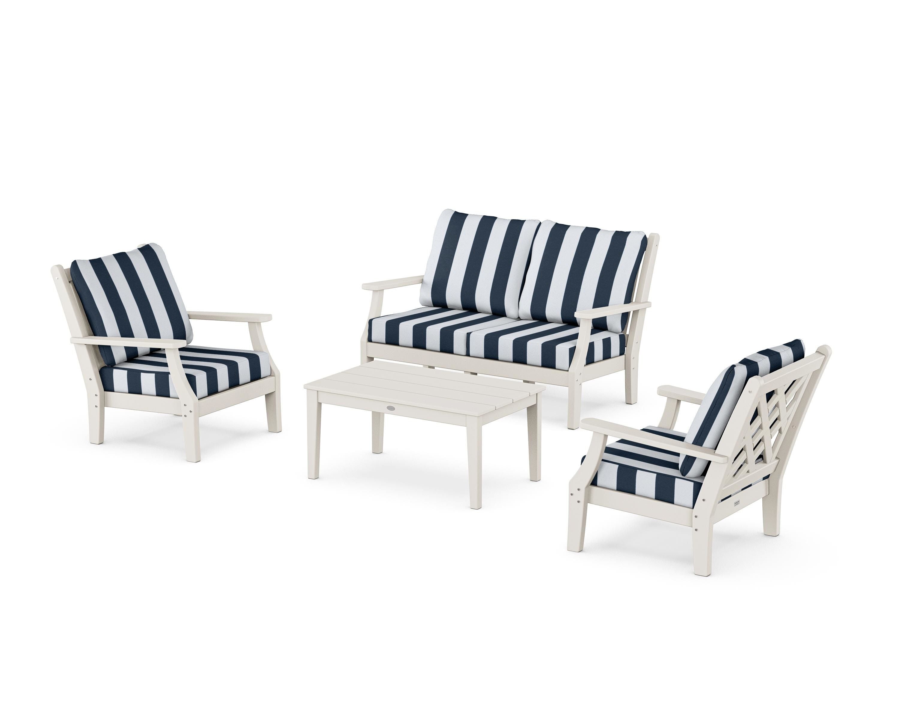Country Living Wovendale 4-Piece Deep Seating Set with Loveseat in Sand / Cabana Stripe Marine Indigo