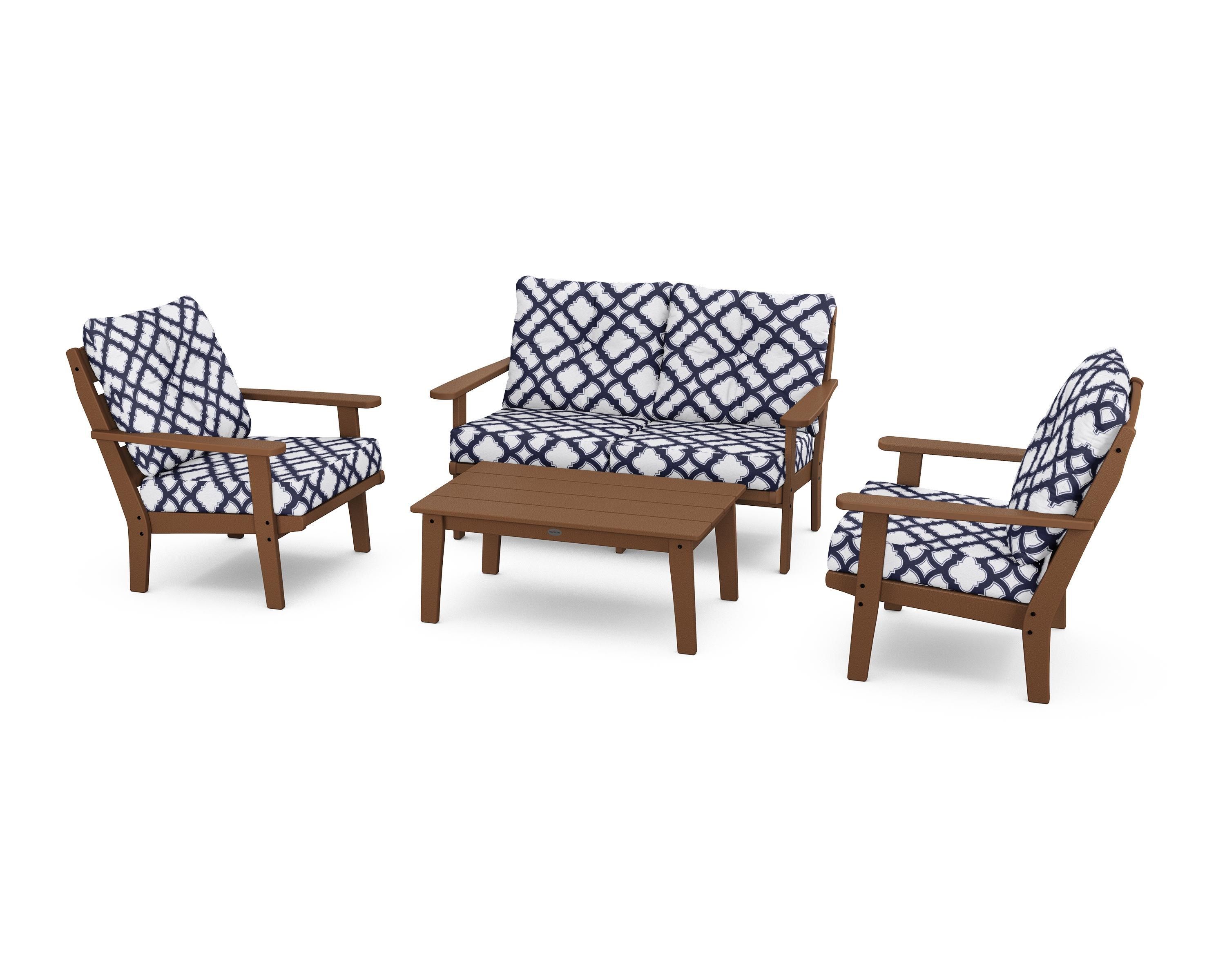 POLYWOOD® Lakeside 4-Piece Deep Seating Set in Teak / Trellis Navy