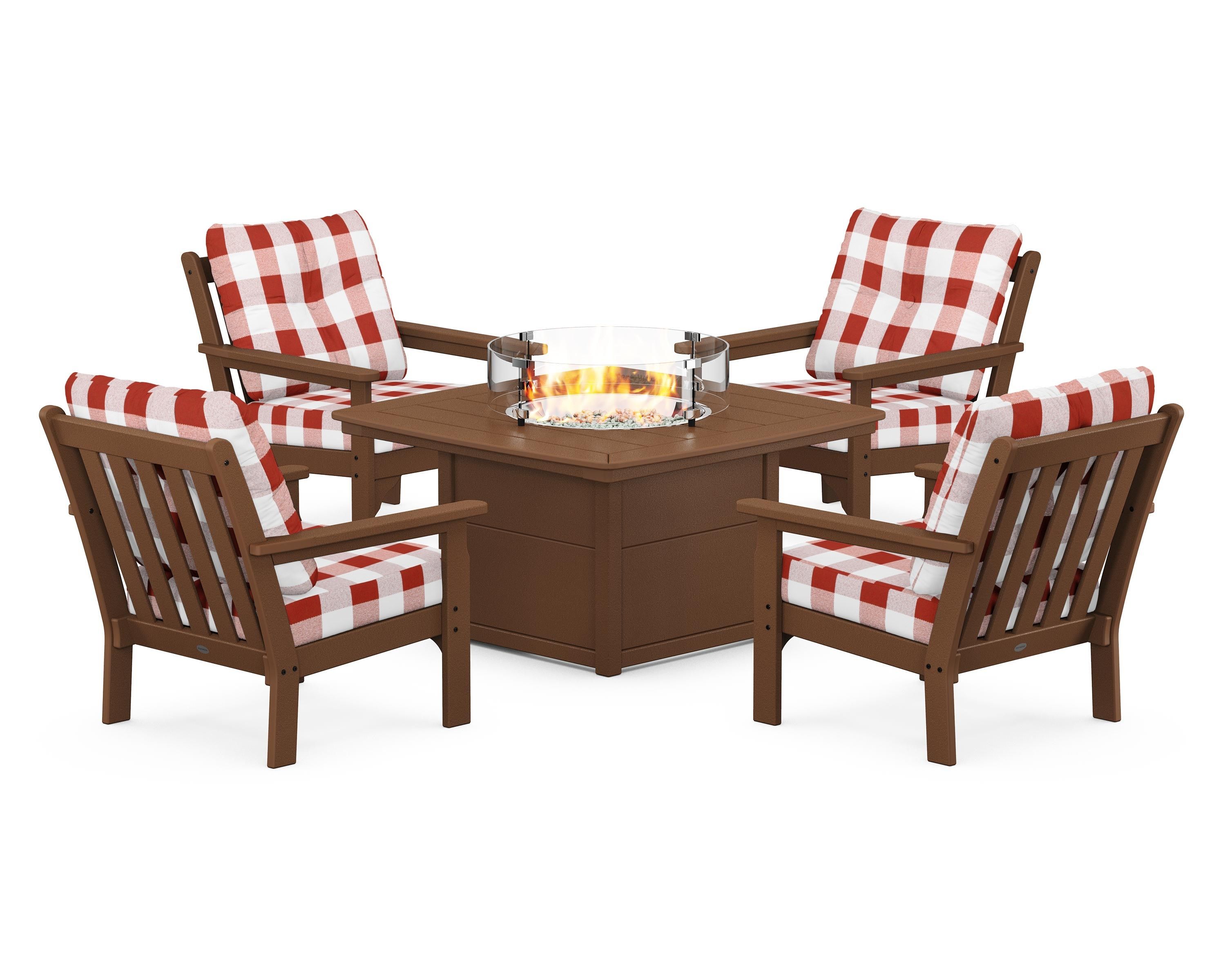 POLYWOOD® Vineyard 5-Piece Conversation Set with Fire Pit Table in Teak / Buffalo Plaid Crimson