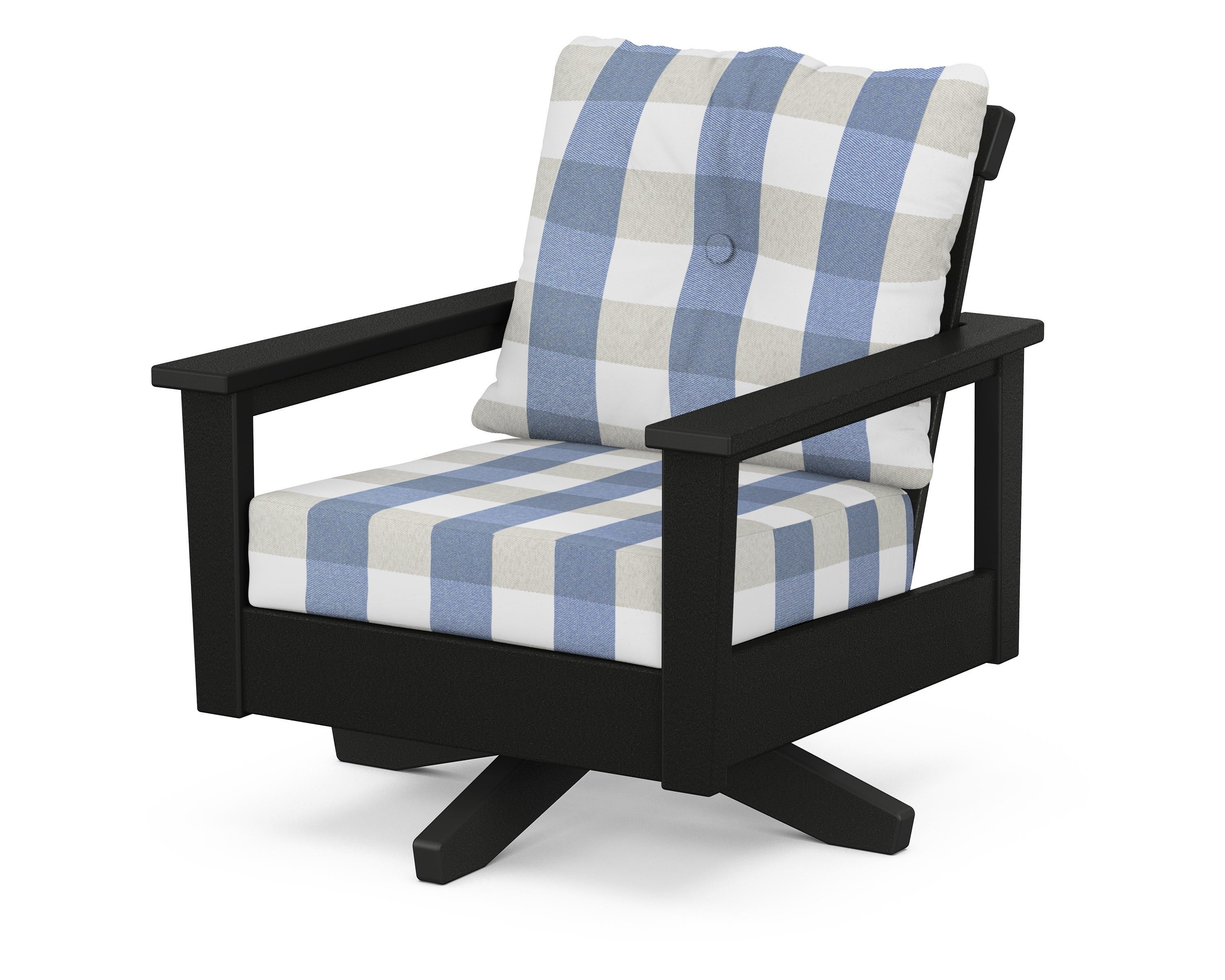 POLYWOOD® Prescott Deep Seating Swivel Chair in Black / Buffalo Plaid Sky Blue