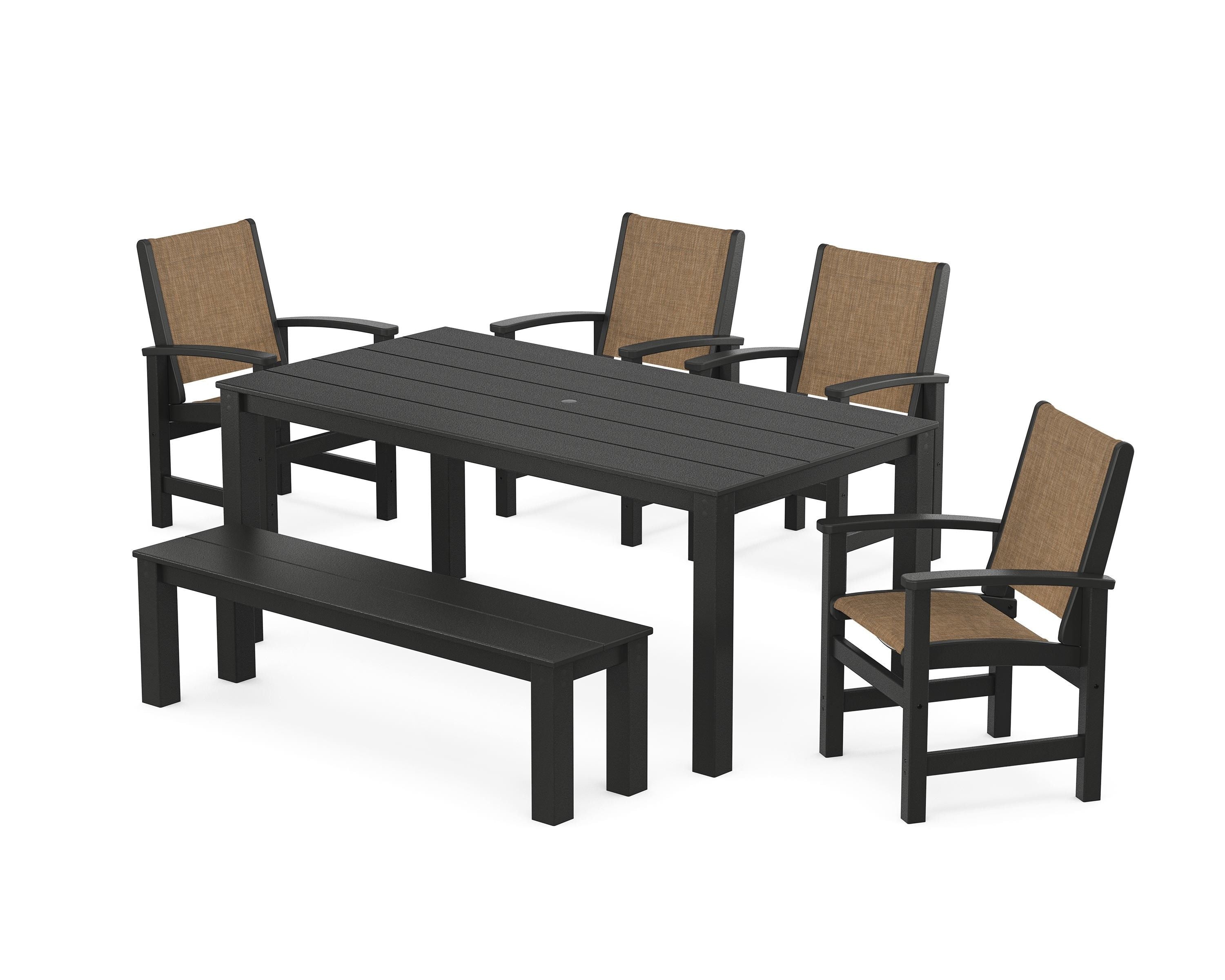 POLYWOOD® Coastal 6-Piece Parsons Dining Set with Bench in Black / Burlap Sling