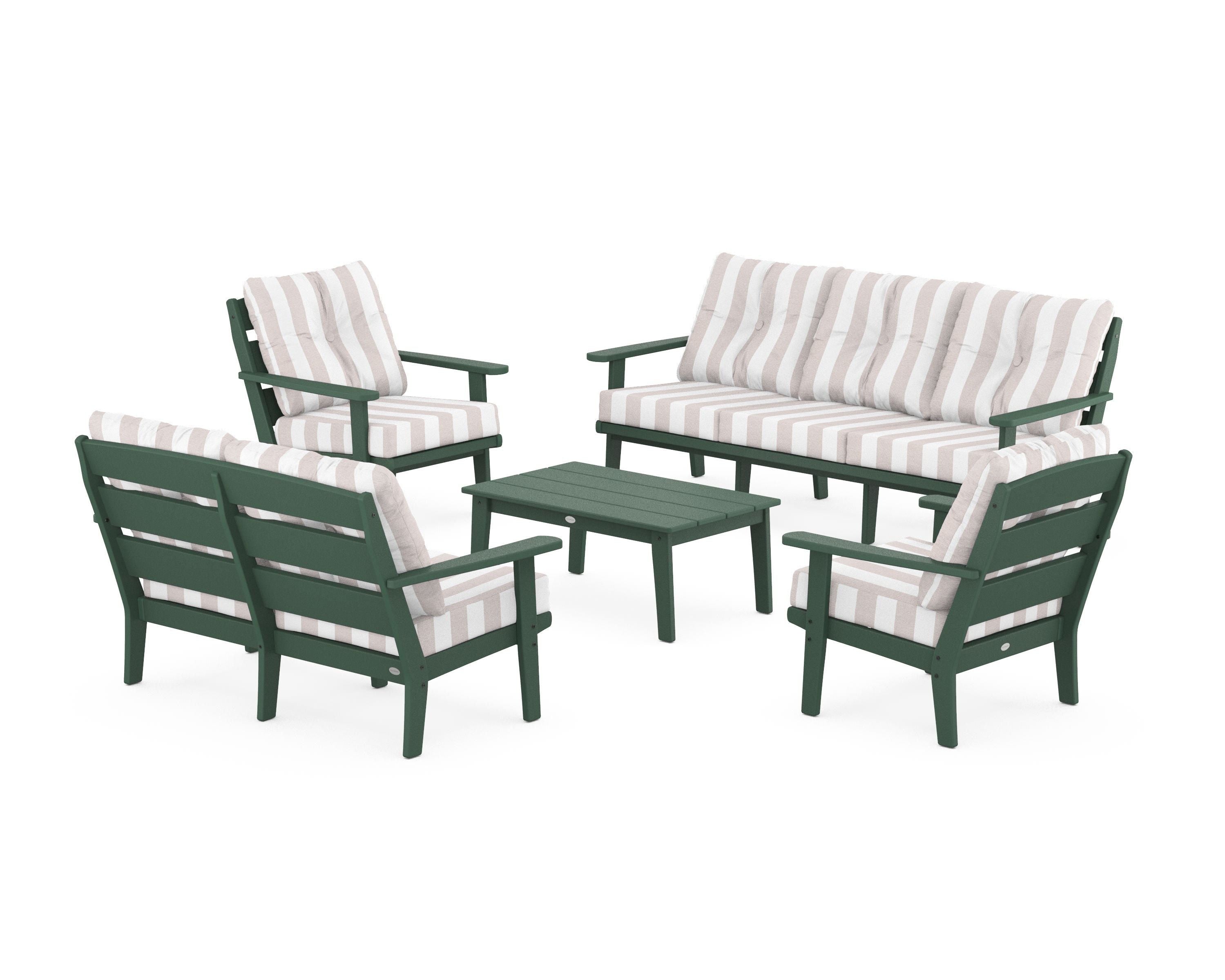 POLYWOOD® Lakeside 5-Piece Lounge Sofa Set in Green / Cabana Stripe Dune Burlap