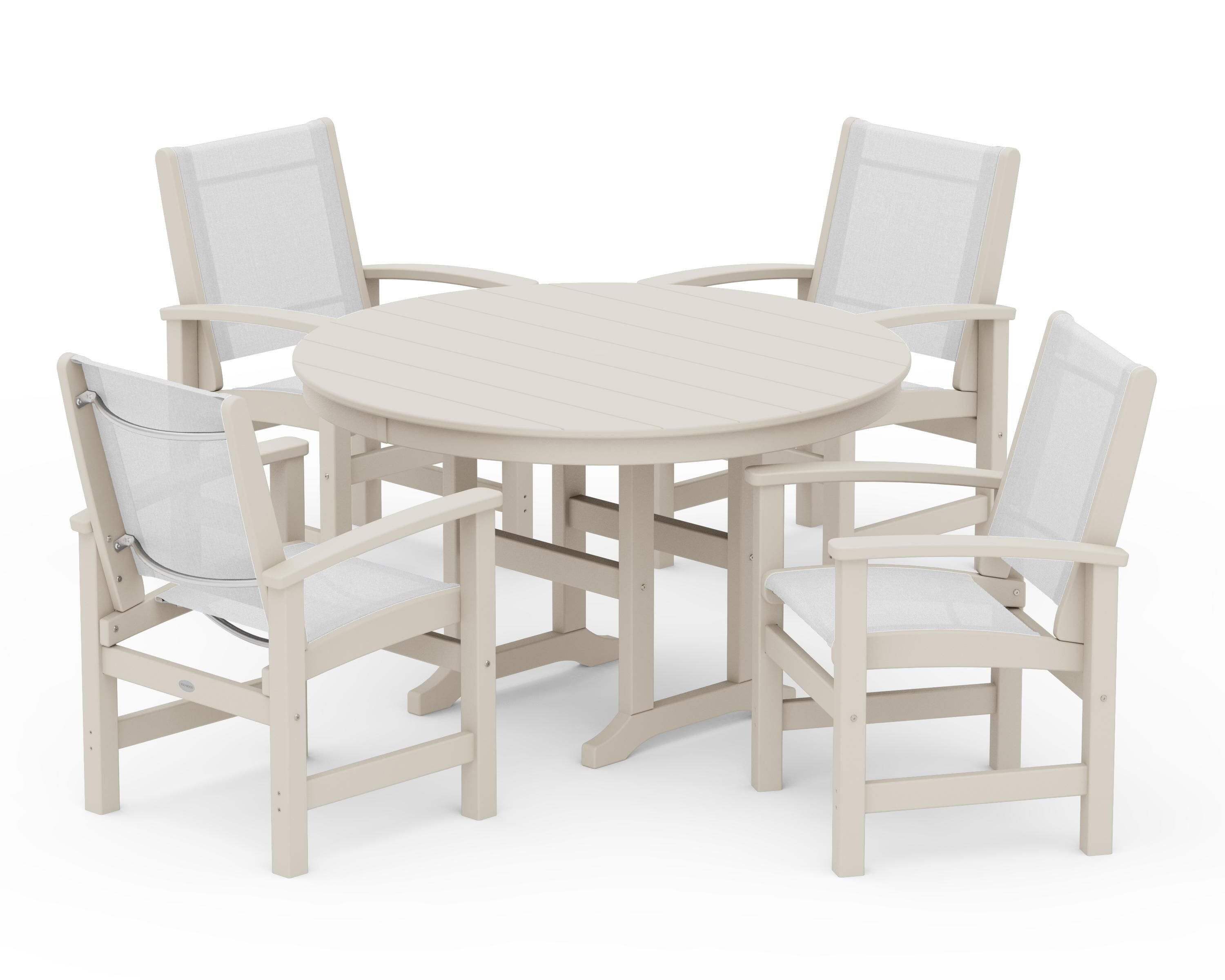 POLYWOOD® Coastal 5-Piece Round Farmhouse Dining Set in Sand / White Sling