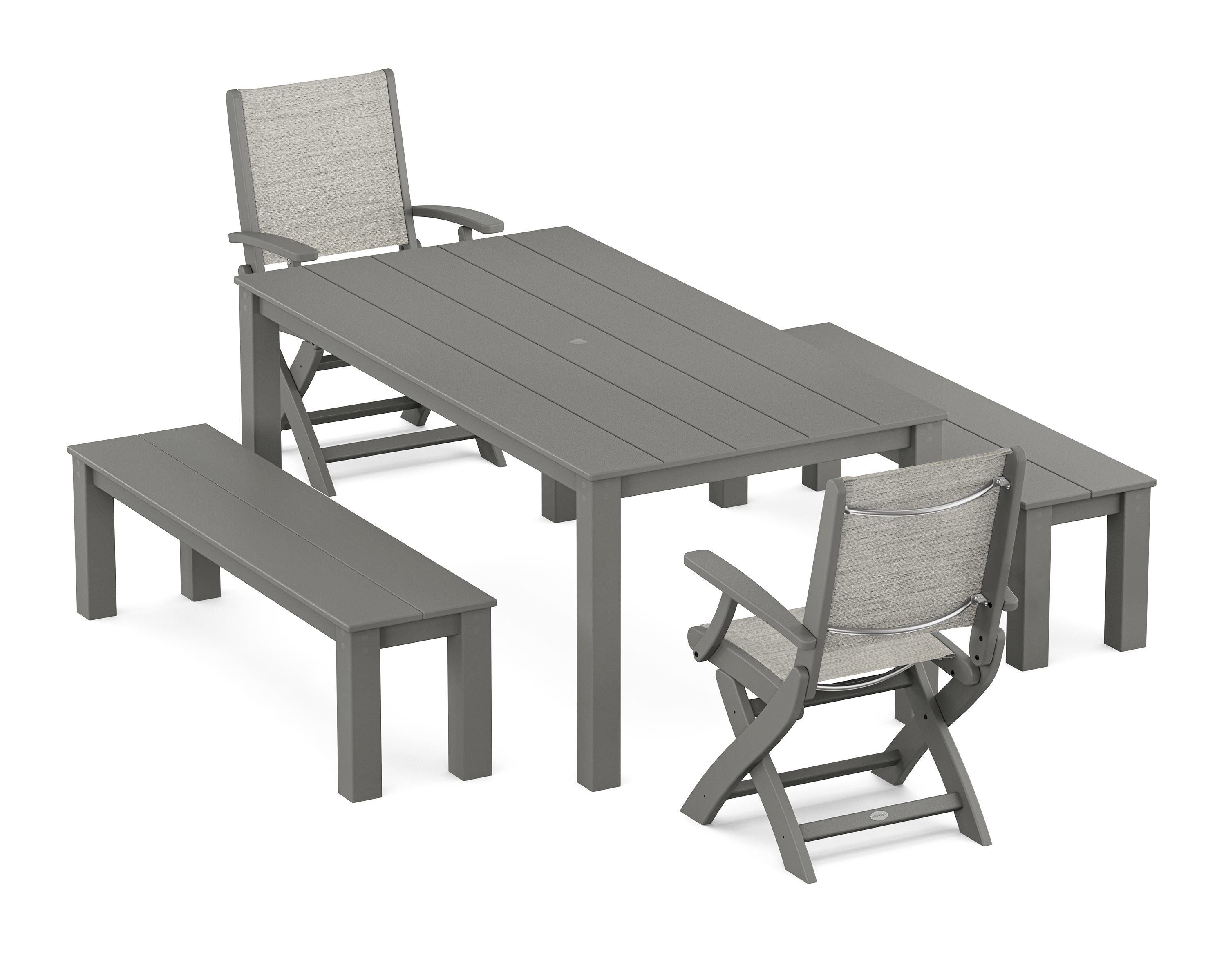 POLYWOOD® Coastal Folding Chair 5-Piece Parsons Dining Set with Benches in Slate Grey / Birch Sling