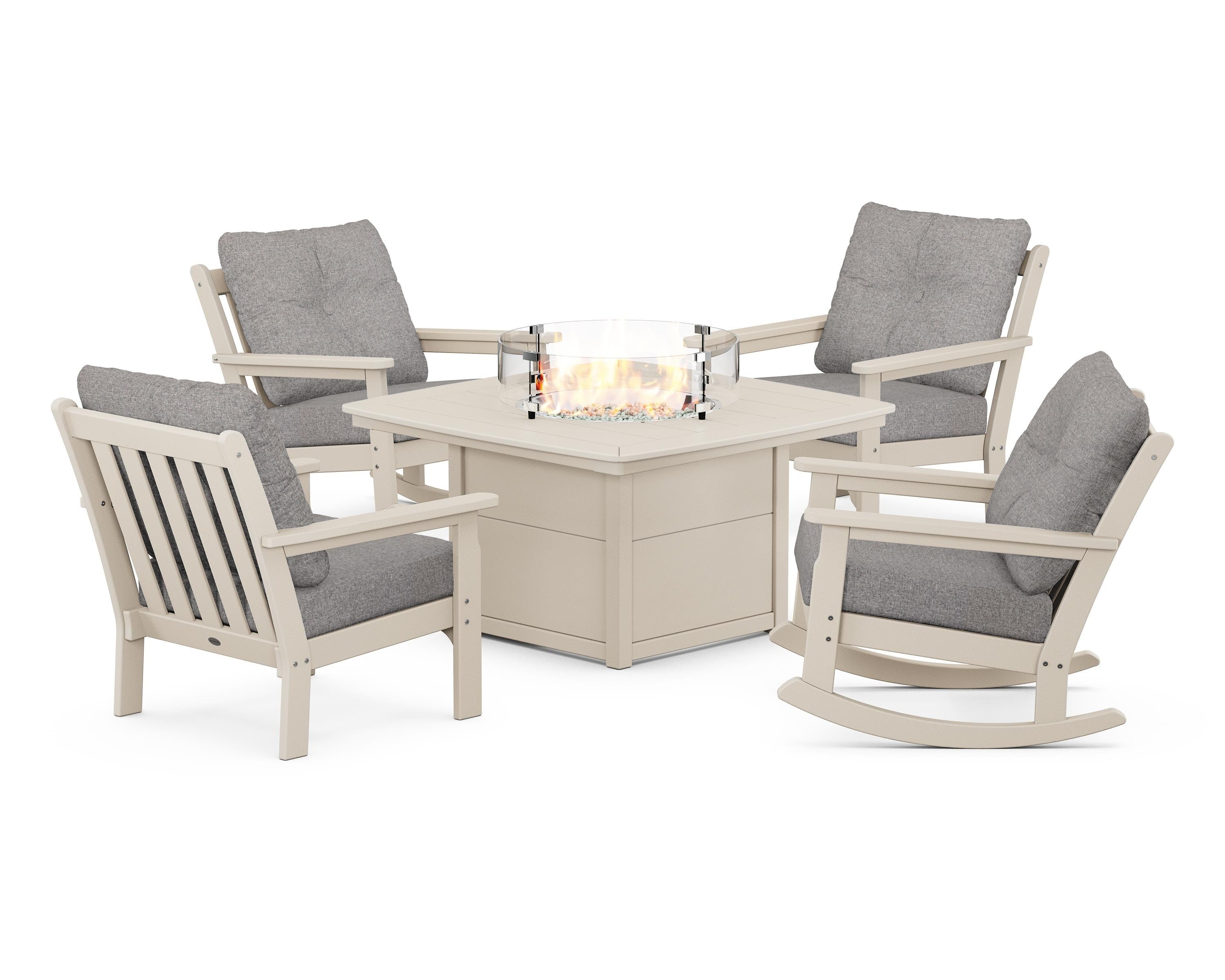 POLYWOOD® Vineyard 5-Piece Deep Seating Rocking Chair Conversation Set with Fire Pit Table in Sand / Grey Mist